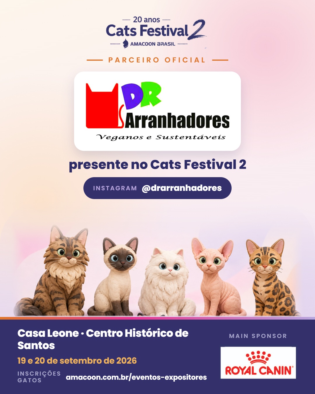 #
*Nosso agradecimento à DR Arranhadores, parceira oficial do Cats Festival 2.*
Enriquecimento ambiental, conforto e estímulo fazem parte de uma vida mais saudável para os gatos, e os arranhadores têm um papel importante nessa rotina.
A **DR Arranhadores** estará conosco levando ao evento produtos pensados para o comportamento natural dos felinos, com uma proposta que une funcionalidade, bem-estar e sustentabilidade.
Agradecemos à @drarranhadores pela parceria, pela confiança na AMACOON Brasil e por fazer parte desta edição especial em que celebramos nossos **20 anos**.
**19 e 20 de setembro de 2026**
Casa Leone — Centro Histórico de Santos
**DR Arranhadores presente no Cats Festival 2.**
Quem ainda não inscreveu seu gato, CORRE LÁ!
Leia o convite técnico e como inscrever seu gato em:
http://www.amacoon.com.br/eventos-expositores
Estamos com SAUDADES de TODOS vocês!
#gato #amordequatropatas #catlover #gatosexoticos
#CatsFestival2 #Amacoon20Anos #ExposiçãoDeGatos #FIFe #Santos #gatosengraçados #gatosfofos #gatosdobrasil #royalcanin #royalcaninbrasil #expogatospraia #catsfestival #amacoon_brasil #amacoon #gatosdeinstagram #catracalivre #baixadasantista #cidadedesantos #animaisdeestimação #drarranhadores