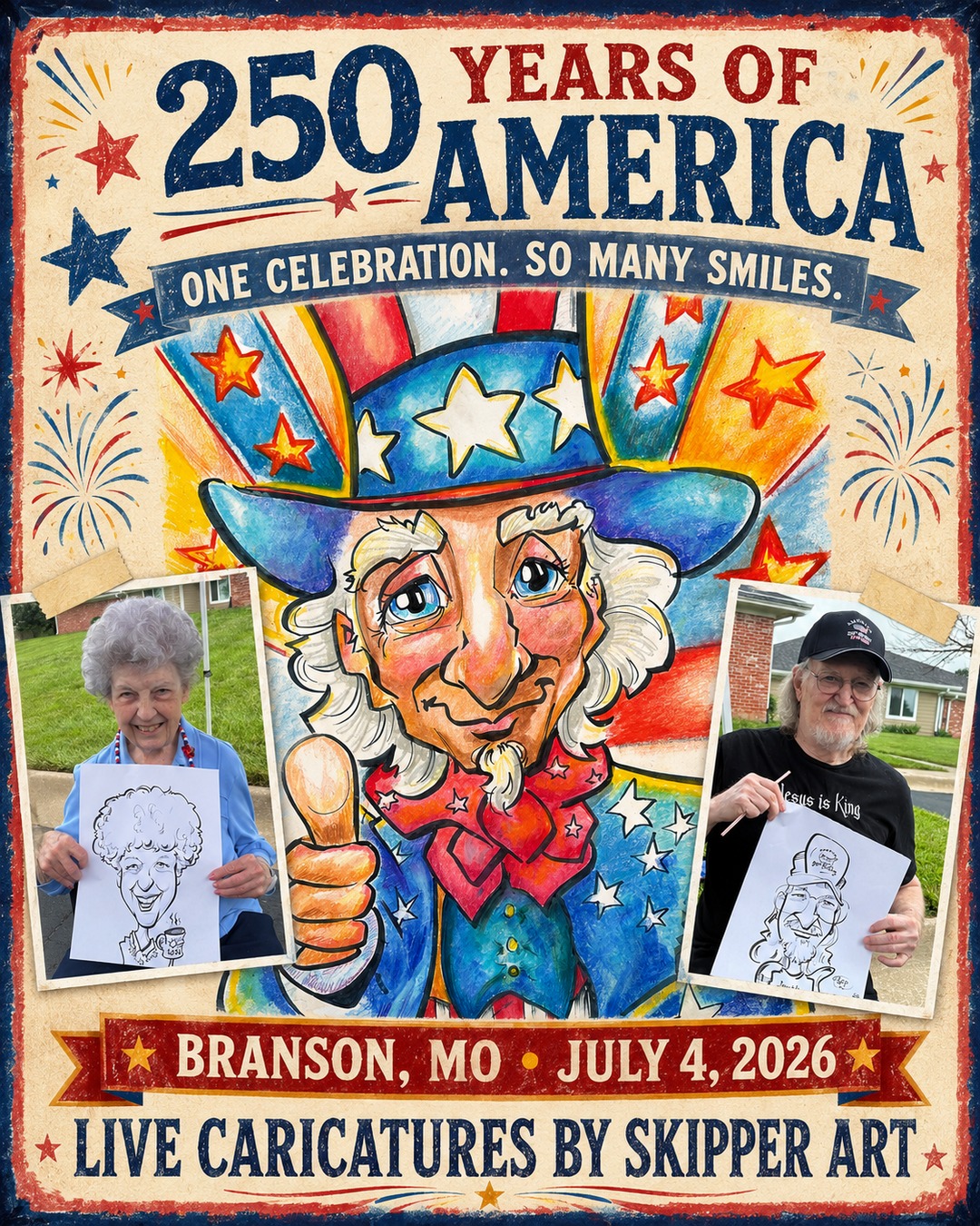 #K250 years of America—and one unforgettable Fourth of July in Branson, Missouri! 🇺🇸✍️
I had the pleasure of drawing live caricatures for this special America 250 celebration. The best part wasn’t simply creating the drawings—it was seeing all these wonderful smiles when the finished caricatures were revealed!
We celebrated our country, a very special 96th birthday, and a terrific group of people who made the day memorable. And, of course, Uncle Sam joined the celebration too!
Swipe through to see some of my favorite drawings and reactions from the day.
Planning a community celebration, senior-living event, company party, festival, or family gathering? I’d love to bring live caricatures—and plenty of smiles—to your event.
Send me a message or visit SkipperArt.com.
#America250 #FourthOfJuly #BransonMO #LiveCaricatures #CaricatureArtist #MissouriArtist #SeniorLivingActivities #EventEntertainment #CommunityCelebration #SkipperArt #Kansascityart #Kansas