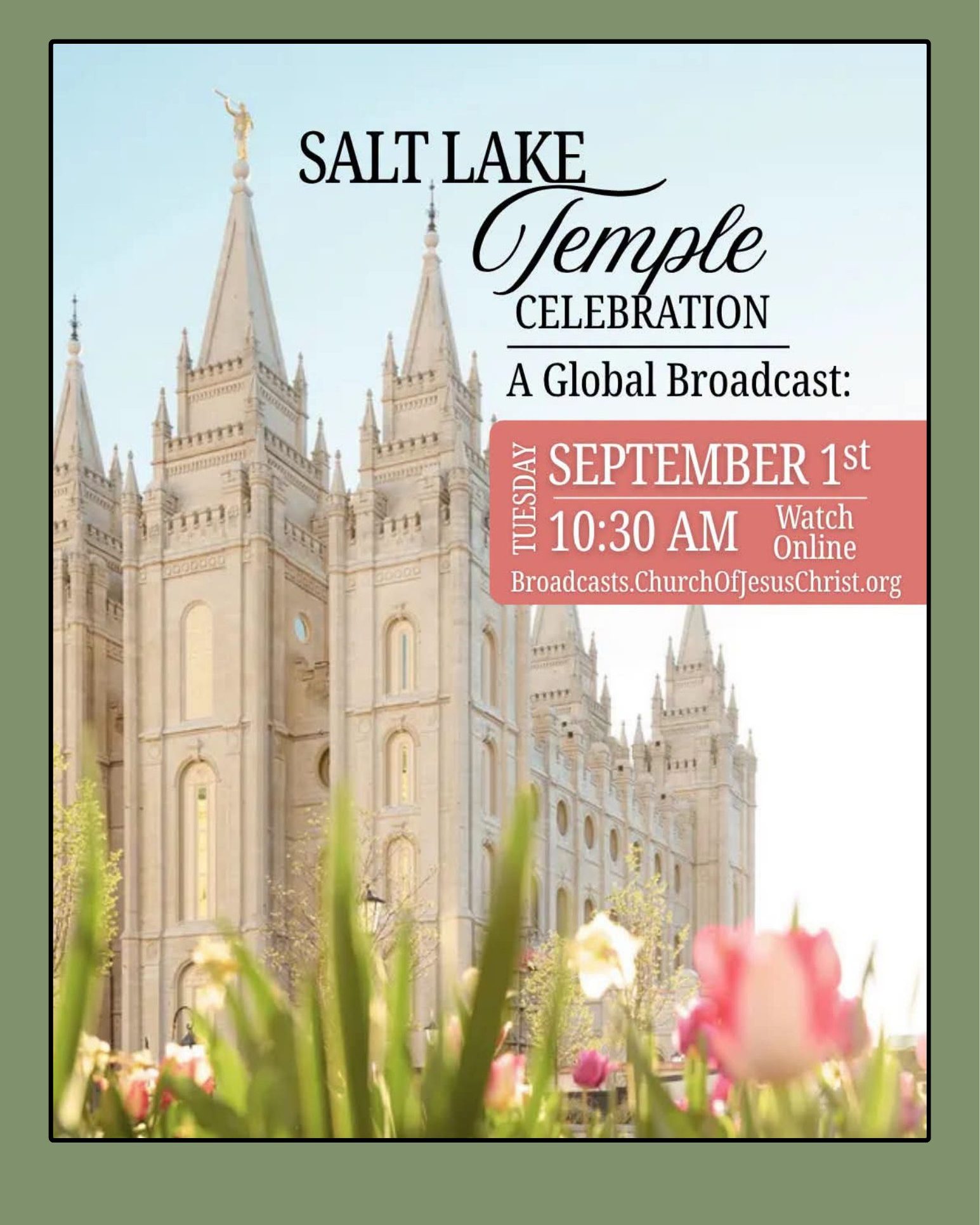 Salt Lake Temple Celebration,
A Global Broadcast
On Tuesday, Sept. 1st at 10:30 am MST.
all are invited to view a worldwide broadcast regarding the announcement of the Salt Lake Temple Celebration theme and the beginning of ticket reservations for this once-in-a-generation experience. The broadcast can be viewed at Broadcasts.ChurchOfJesusChrist.org.
Following the broadcast, at 11:00 am, MST, guests may reserve tickets for the temple open house through TempleSquare.org and the Temple Square app.
The Salt Lake Temple public celebration will run April 5 through October 1, 2027. All are invited to this worldwide celebration in Salt Lake City, Utah.
#worldwide #saltlaketemple #openhouse #celebration #broadcast
@followers