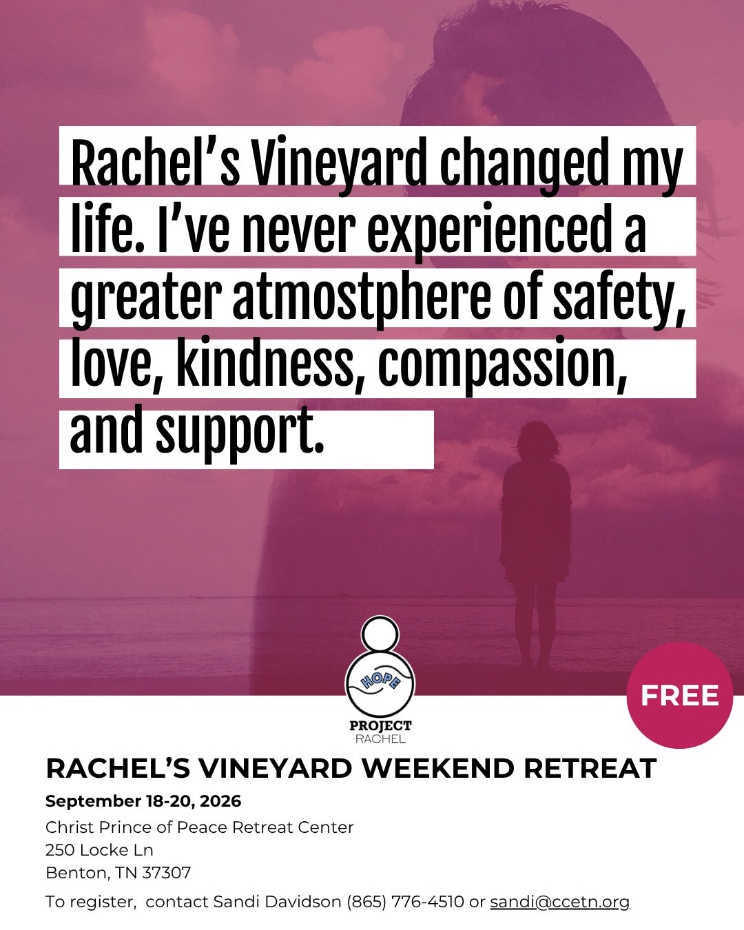 💟 Healing After Abortion: Rachel's Vineyard Retreat 💟
Have you or someone you know experienced the pain of a past abortion? Catholic Charities of East TN's Project Rachel program is set to host it's free, annual Rachel’s Vineyard Retreat next month on September 18-20.
Rachel's Vineyard Retreat offers a compassionate, confidential opportunity for healing, hope, and renewal.
This is a unique weekend retreat designed to help men, women, grandparents, or anyone who struggles with the emotional and spiritual effects of abortion. Through guided exercises, reflection, and support, participants are given the opportunity to grieve their loss and find freedom from feelings of anger, shame, guilt, and grief.
This retreat is especially helpful for those seeking to forgive themselves or others and to experience God's mercy, compassion, and healing love. Often described as a "therapy for the soul," Rachel’s Vineyard combines psychological and spiritual healing in a safe and caring environment.
Save the Date: September 18-20, 2026
📍 Location: Christ Prince of Peace Retreat Center
250 Locke Lane
Benton, TN 37307
For more information or to register (all inquiries are strictly confidential), contact:
Sandi Davidson, Program Leader
865-776-4510
sandi@ccetn.org
ONLY 10 SPOTS AVAILABLE ON A FIRST COME, FIRST SERVED BASIS.
Learn more: www.rachelsvineyard.org OR www.ccetn.org/events
Rachel’s Vineyard has helped countless individuals transform the pain of the past into hope for the future. Please share this post so that anyone in need of healing can learn about this life-changing opportunity.
"Thank you for all that you are doing for God to bring His love, compassion and mercy to those who have had abortions. I pray that Rachel's Vineyard will continue to bring God's tender love and compassion to those who need His peace so much."
— Mother Teresa of Calcutta
#RachelsVineyard #HealingAfterAbortion #HopeAndHealing #GodsMercy #SupportAndRecovery
