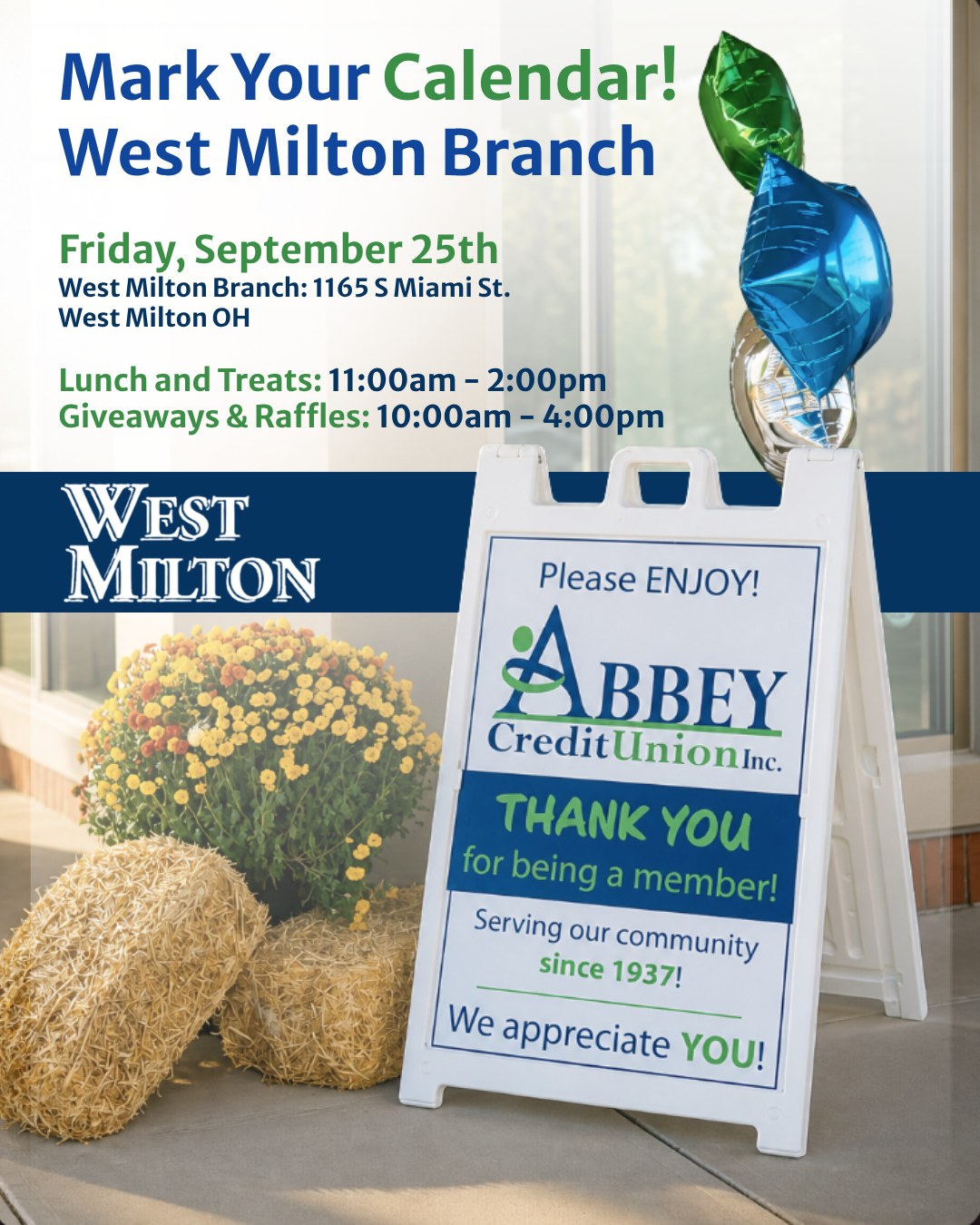 Free food! Free stuff! Your favorite Abbey crew. ๐ ๐
That's a pretty good reason to stop by our West Milton branch today. Raffle drawings and giveaways run until 4pm. Swing by and let us thank you in person! ๐๐