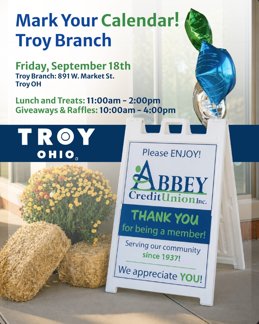 The best part of being a local credit union is getting to know the people we're here to serve. ๐
Today we're celebrating that at our Troy branch with free food, giveaways, and raffle drawings. Doors are open 10am to 4pm. Come say hi! ๐