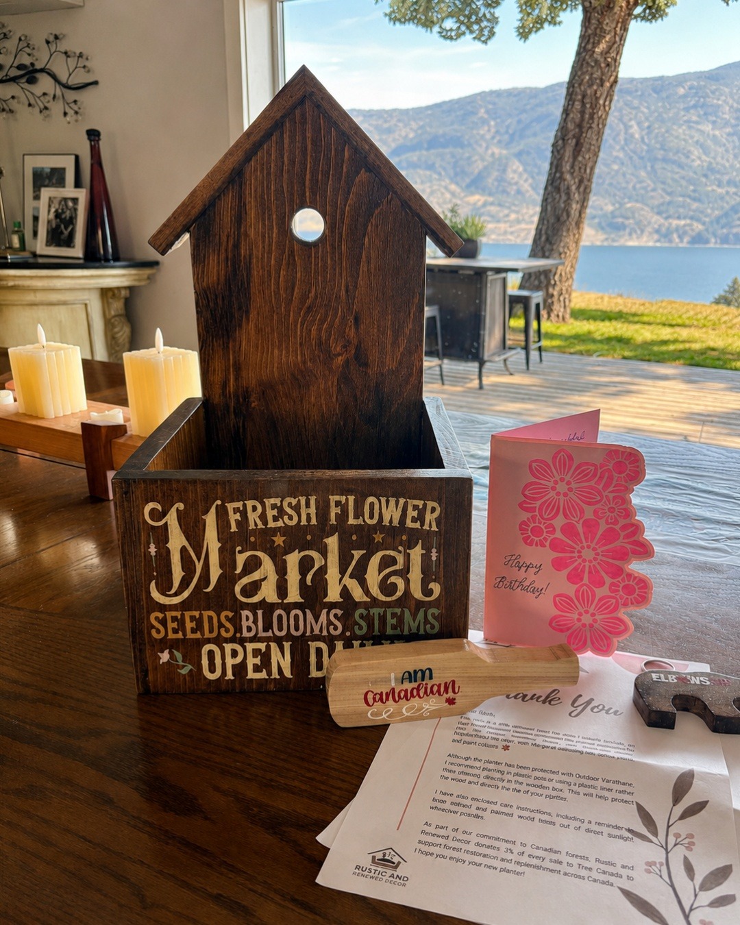 A special gift made in Ontario, ordered from Edmonton, and delivered to a dear friend in British Columbia—this planter truly travelled across Canada! 🇨🇦
Margaret chose one of our rustic birdhouse planters as a birthday gift. Before I began painting, we confirmed the design details, and I shared photos and progress updates throughout the process. I also included a handcrafted birthday card and a couple of little Canadian surprises with the finished planter.
Margaret recently shared this lovely testimonial:
“We ordered a Rustic and Renewed planter for a dear friend. Karen confirmed the details of the design before she began painting and provided progress updates, including pictures, along the way. She also crafted a birthday card to go with the gift. Our friend loves her gorgeous planter!”
— Margaret, Edmonton, Alberta
Thank you, Margaret, for trusting me to create such a meaningful gift. Seeing the planter in its new home—especially with that incredible British Columbia view—is truly special. ❤️
#CanadianMade #HandmadeInCanada #ShopCanadian #CustomWoodDecor #RusticHomeDecor