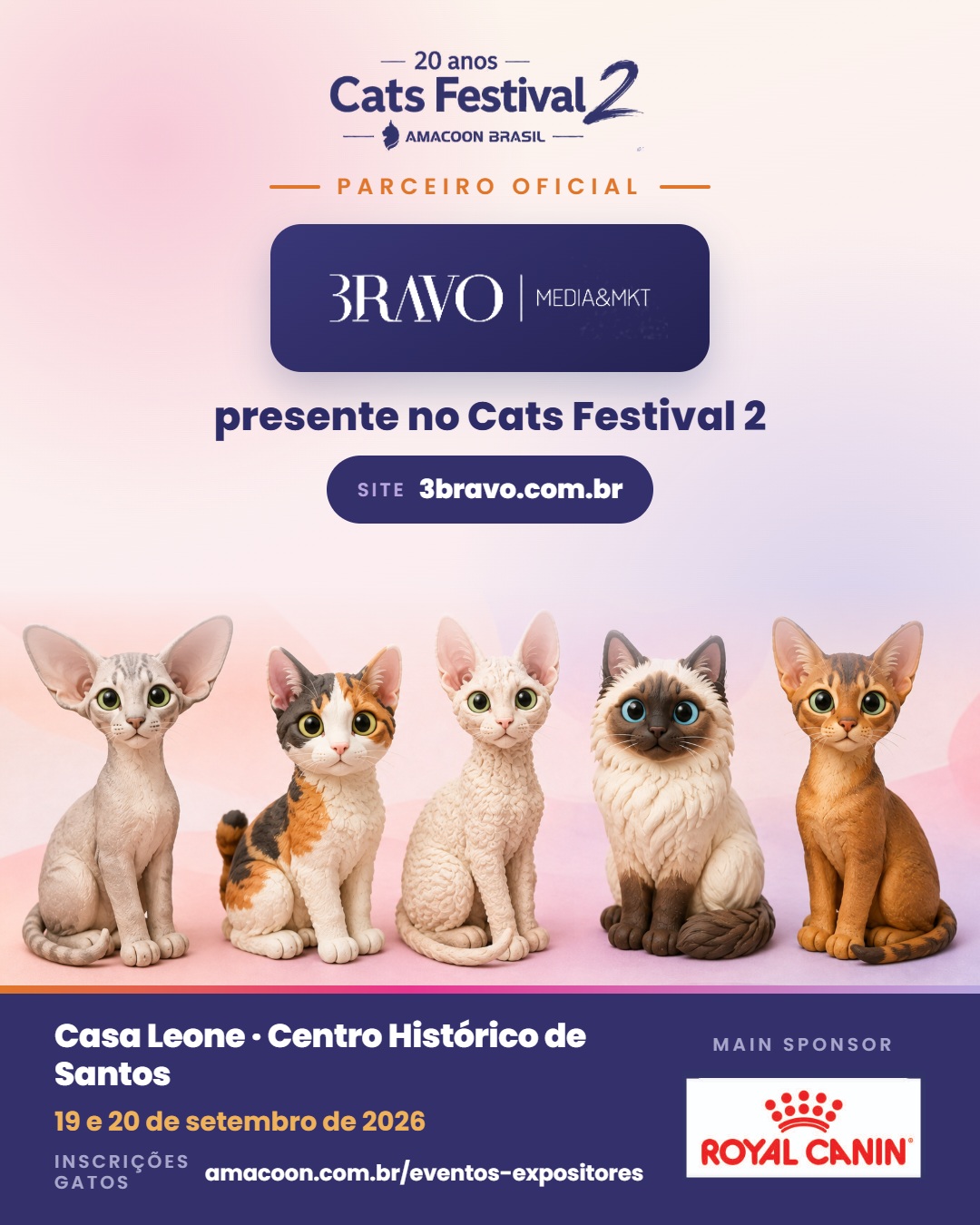 *Nosso agradecimento à 3RAVO Media & Mkt, parceira oficial do Cats Festival 2.*
Um evento dessa dimensão também precisa de uma apresentação comercial à altura. É a partir de um material bem construído que conseguimos apresentar o Cats Festival, sua proposta, seus números e suas possibilidades de parceria de forma profissional às empresas que caminham conosco.
A *3RAVO Media & Mkt* foi responsável pelo desenvolvimento do nosso material comercial, contribuindo diretamente para a maneira como o Cats Festival 2 se apresenta ao mercado e aos seus parceiros.
Agradecemos à equipe da **3RAVO** pelo cuidado com a nossa identidade, pela qualidade do trabalho e por transformar nossas ideias em uma apresentação comercial capaz de representar a importância desta edição histórica dos **20 anos da AMACOON Brasil**.
**19 e 20 de setembro de 2026**
Casa Leone — Centro Histórico de Santos
**3RAVO Media & Mkt: comunicação e estratégia na construção do Cats Festival 2.**
Quem ainda não inscreveu seu gato, CORRE LÁ!
Leia o convite técnico e como inscrever seu gato em:
http://www.amacoon.com.br/eventos-expositores
Estamos com SAUDADES de TODOS vocês!
#gato #amordequatropatas #catlover #gatosexoticos
#CatsFestival2 #Amacoon20Anos #ExposiçãoDeGatos #FIFe #Santos #gatosengraçados #gatosfofos #gatosdobrasil #royalcanin #royalcaninbrasil #expogatospraia #catsfestival #amacoon_brasil #amacoon #gatosdeinstagram #catracalivre #baixadasantista #cidadedesantos #animaisdeestimação #3ravo