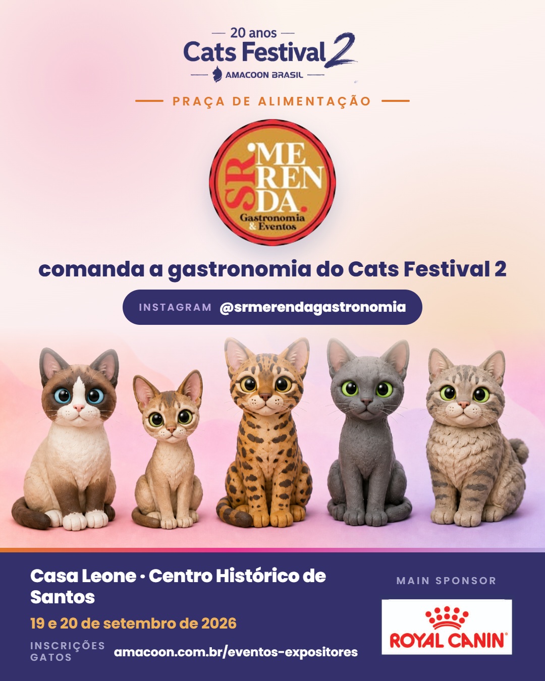 *Nosso agradecimento ao Sr. Merenda Gastronomia & Eventos, parceiro oficial do Cats Festival 2.*
Receber bem também passa pela experiência à mesa. Por isso, contar com o **Sr. Merenda** à frente da gastronomia do evento é uma parceria importante para tornar os dois dias do Cats Festival 2 ainda mais completos para expositores, convidados e visitantes.
Com experiência em gastronomia e eventos, o Sr. Merenda será responsável pela operação da nossa praça de alimentação, cuidando para que o público também encontre boas opções durante toda a programação.
Agradecemos ao@srmerendagastronomia pela parceria, pela confiança na AMACOON Brasil e por fazer parte desta edição especial em que celebramos nossos **20 anos**.
**19 e 20 de setembro de 2026**
Casa Leone — Centro Histórico de Santos
**Sr. Merenda Gastronomia & Eventos comandando a gastronomia do Cats Festival 2.**
Quem ainda não inscreveu seu gato, CORRE LÁ!
Leia o convite técnico e como inscrever seu gato em:
http://www.amacoon.com.br/eventos-expositores
Estamos com SAUDADES de TODOS vocês!
#gato #amordequatropatas #catlover #gatosexoticos
#CatsFestival2 #Amacoon20Anos #ExposiçãoDeGatos #FIFe #Santos #gatosengraçados #gatosfofos #gatosdobrasil #royalcanin #royalcaninbrasil #expogatospraia #catsfestival #amacoon_brasil #amacoon #gatosdeinstagram #catracalivre #baixadasantista #cidadedesantos #animaisdeestimação #srmerenda #srmerendagastronomia