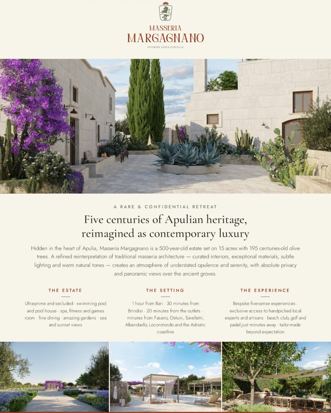 For travel advisors seeking something truly exceptional in Puglia, this rare and discreet retreat, Masseria Margagnano, offers the perfect balance of heritage, privacy and contemporary luxury. Set within a 500-year-old Masseria on 15 acres of magnificent gardens and ancient olive groves, the estate is home to 195 centuries-old olive trees and panoramic views that capture the timeless beauty of the region. Ideally located just minutes from Fasano, Ostuni, Savelletri, Alberobello, Locorotondo and the Adriatic coast, it offers an ultra-private escape with refined Apulian elegance, curated interiors and an atmosphere of understated opulence and serenity. Guests enjoy all-inclusive food and beverages, fine dining centered on exceptional local products, a pool with outdoor kitchen and dining area, spa, fitness center and games room, along with effortless access to nearby beach clubs, golf and padel. Most importantly, the experience is entirely bespoke, with handpicked local experts and artisans creating tailor-made, multi-sensory experiences that go far beyond the expected. A remarkable choice for clients who value authenticity, exclusivity and absolute discretion.
Contact the Dominique Debay Collection for preferred partner amenities and details: info@dominiquedebay.com | 1-212-752-1416 | WhatsApp 1-917-940-2407 @masseriamargagnano #italy #dominiquedebaycollection