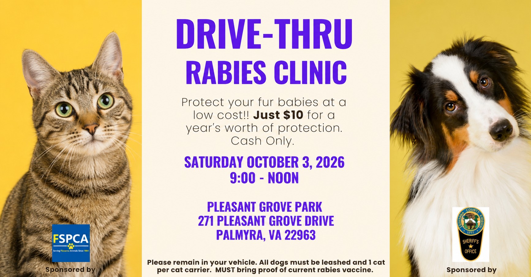 Mark Your Calendar: Low-Cost Rabies Clinic
October 3rd, 9-Noon
$10 Cash, Drive-Thru Event at Pleasant Grove Park
#PreventiveCare #communityevent #rabiesvacinationclinic #Fluvannaspca #lowcostvetcare #fluvannasherriffsoffice