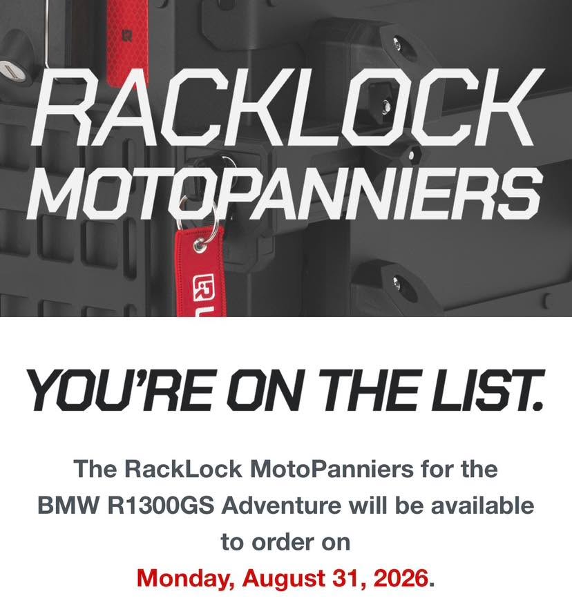 Who else is excited for the release of the RackLock MotoPanniers….?
The MotoPanniers quickly became a favorite among riders when we launched them last summer. Since then, many have been asking for a version that is compatible with the original racks on the R1300GS Adventure.
So we listened.
The RackLock MotoPanniers has the fastest quick-release system we've built to date, weighs less and sits closer to the bike.
Full product details, features, and technical specifications will be revealed at launch.
Launch: Monday, August 31
Ends: Sunday, September 6
Price: Revealed at launch.
20% launch discount.
No extensions.
The first production batch is in stock but limited.
First come, first served.
Make sure you register you are ready to order yours here:
https://www.lonerider-motorcycle.com/?rfsn=6635118.f6a7dd