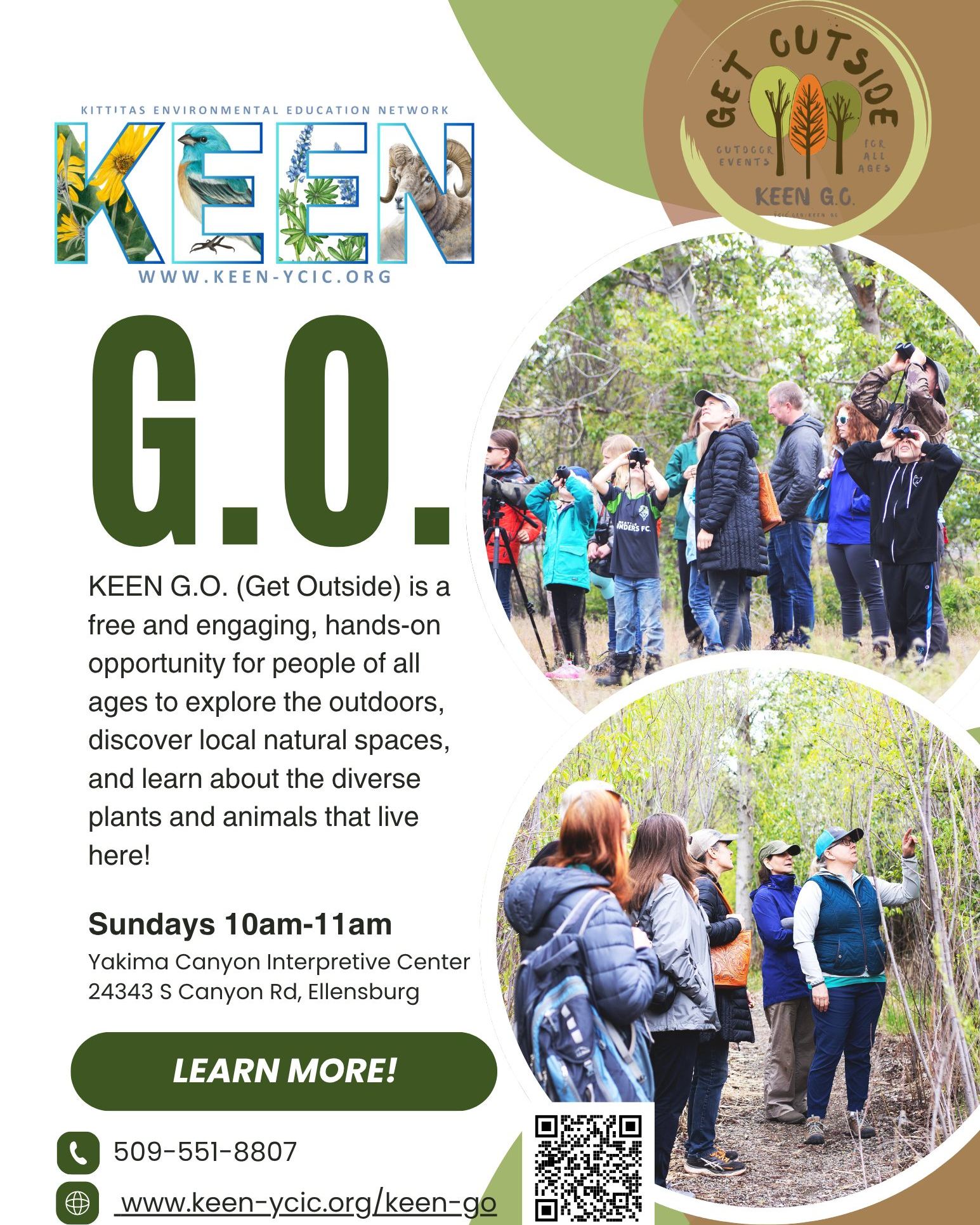 KEEN's Free G.O. Program is starting up Sunday Sept 13th! Join us for a free, family-friendly, and easy nature walk Yakima Canyon Interpretive Center . Bring along your Discover Pass and meet us in the main parking lot at 10am. Learn more here: https://www.keen-ycic.org/keen-go. Get Outside with KEEN!