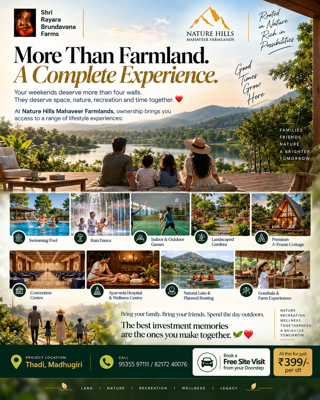 🏊 More Than Farmland. A Complete Experience.
Your weekends deserve more than four walls.
They deserve space, nature, recreation and time together. ❤️
At Nature Hills Mahaveer Farmlands, ownership brings you access to a range of lifestyle experiences:
🏊 Swimming Pool — now ready to use
💦 Rain Dance
🎯 Indoor & Outdoor Games
🌳 Landscaped Gardens
🏡 Premium A-Frame Cottage
🎉 Convention Centre
🧘 Ayurveda Hospital & Wellness Centre
🌊 Natural Lake & Planned Boating
🐄 Goushala & Farm Experiences
Bring your family.
Bring your friends.
Spend the day outdoors.
Make your farmland a place everyone looks forward to visiting.
Because the best investment memories are the ones you make together. 🌿❤️
📍 Thadi, Madhugiri
💰 Plots starting from ₹399/- per sq. ft.
📲 Send a Hi on 9743080253
#NatureHillsMahaveerFarmlands #SriRayaraBrundavanaFarms #FarmlandLifestyle #SwimmingPool #WeekendHome #FamilyWeekend #ClubHouse #FarmLife #NatureLiving #FamilyTime #FarmlandInvestment #ManagedFarmland #PremiumFarmland #FarmlandNearBangalore #SecondHome #WeekendGetaway #NatureAndWealth #LandInvestment #FamilyInvestment #InvestmentOpportunity #BangaloreInvestments #Madhugiri #KarnatakaRealEstate #GreenLiving #FarmhouseLife #LegacyInvestment #SustainableLiving #FutureInvestment #OwnYourFarm #InvestInNature