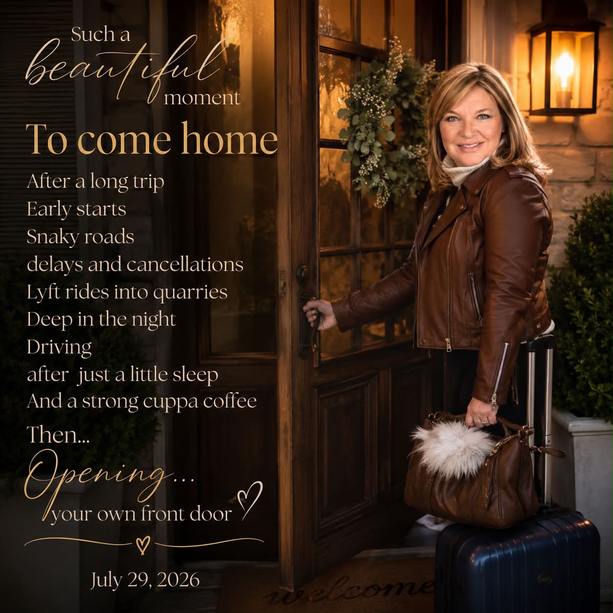 Such a beautiful moment
To come home
After a long trip
Early starts
Snaky roads
delays and cancellations
Lyft rides into quarries
Deep in the night
Driving
after just a little sleep
And a strong cuppa coffee
Then…
Opening…
your own front door
July 29, 2026