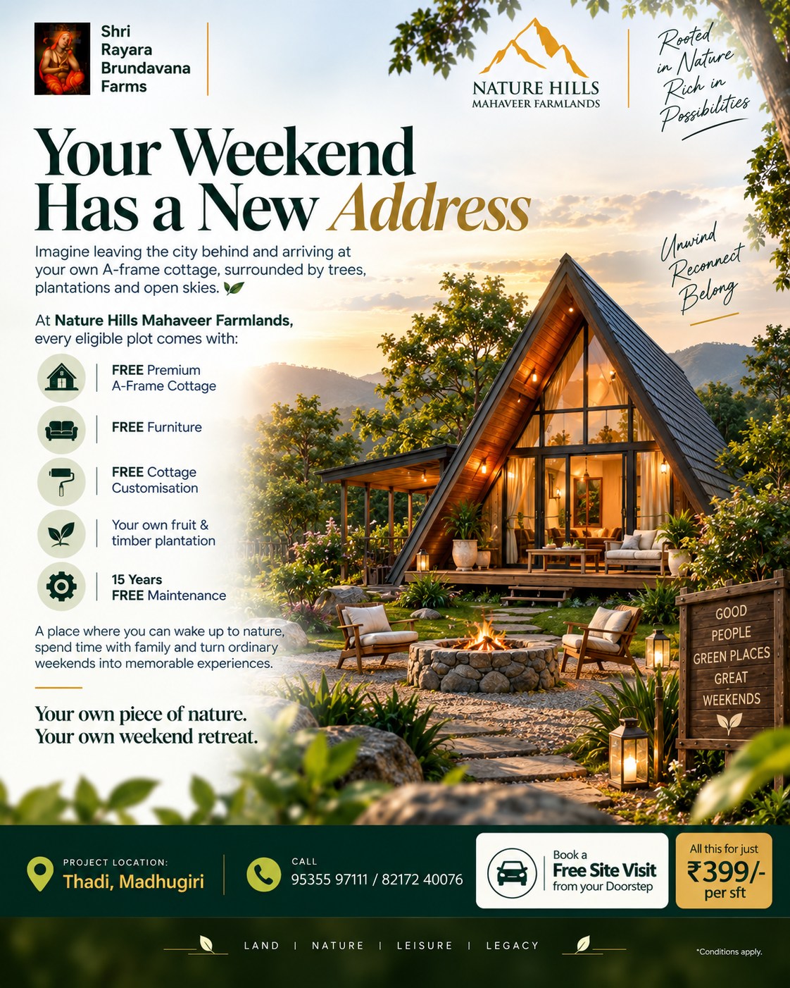 🏡 Your Weekend Has a New Address
Imagine leaving the city behind and arriving at your own A-frame cottage, surrounded by trees, plantations and open skies. 🌿
At Nature Hills Mahaveer Farmlands, every eligible plot comes with:
🏡 FREE Premium A-Frame Cottage
🛋️ FREE Furniture
✨ FREE Cottage Customisation
🌳 Your own fruit & timber plantation
🔧 15 Years FREE Maintenance
A place where you can wake up to nature, spend time with family and turn ordinary weekends into memorable experiences.
Your own piece of nature. Your own weekend retreat.
📍 Thadi, Madhugiri
💰 Plots starting from ₹399/- per sq. ft.
📲 Send a Hi on 9743080253
#NatureHillsMahaveerFarmlands #SriRayaraBrundavanaFarms #AFrameCottage #WeekendHome #SecondHome #FarmlandLifestyle #FarmlandInvestment #ManagedFarmland #FarmLife #NatureLiving #FamilyTime #WeekendGetaway #FarmhouseLife #FarmlandNearBangalore #LandInvestment #PremiumFarmland #NatureAndWealth #FamilyInvestment #LegacyInvestment #BangaloreInvestments #Madhugiri #KarnatakaRealEstate #InvestmentOpportunity #GreenLiving #SustainableInvestment #DreamHome #FamilyRetreat #OwnYourFarm #FutureInvestment #InvestInNature