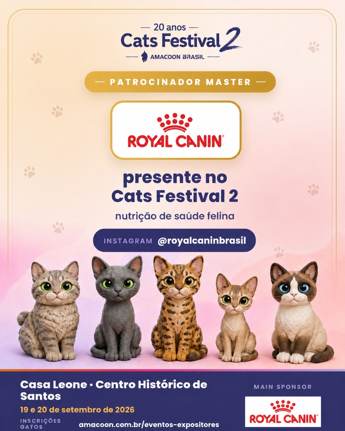 **Nosso agradecimento à Royal Canin Brasil, Patrocinadora Master do Cats Festival 2.**
Ter ao nosso lado uma marca com tanta história, conhecimento e dedicação à nutrição e à saúde felina torna esta edição ainda mais especial.
A Royal Canin compartilha conosco algo essencial: o cuidado com os gatos baseado em conhecimento, respeito às suas particularidades e compromisso com o bem-estar.
Agradecemos à **Royal Canin Brasil** por acreditar no Cats Festival 2 e por fazer parte da celebração dos **20 anos da AMACOON Brasil**.
**19 e 20 de setembro de 2026**
Casa Leone — Centro Histórico de Santos
**Royal Canin presente no Cats Festival 2.**
Quem ainda não inscreveu seu gato, CORRE LÁ!
Leia o convite técnico e como inscrever seu gato em:
http://www.amacoon.com.br/eventos-expositores
Estamos com SAUDADES de TODOS vocês!
#gato #amordequatropatas #catlover #gatosexoticos
#CatsFestival2 #Amacoon20Anos #ExposiçãoDeGatos #FIFe #Santos #gatosengraçados #gatosfofos #gatosdobrasil #royalcanin #royalcaninbrasil #expogatospraia #catsfestival #amacoon_brasil #amacoon #gatosdeinstagram #catracalivre #baixadasantista #cidadedesantos #animaisdeestimação
