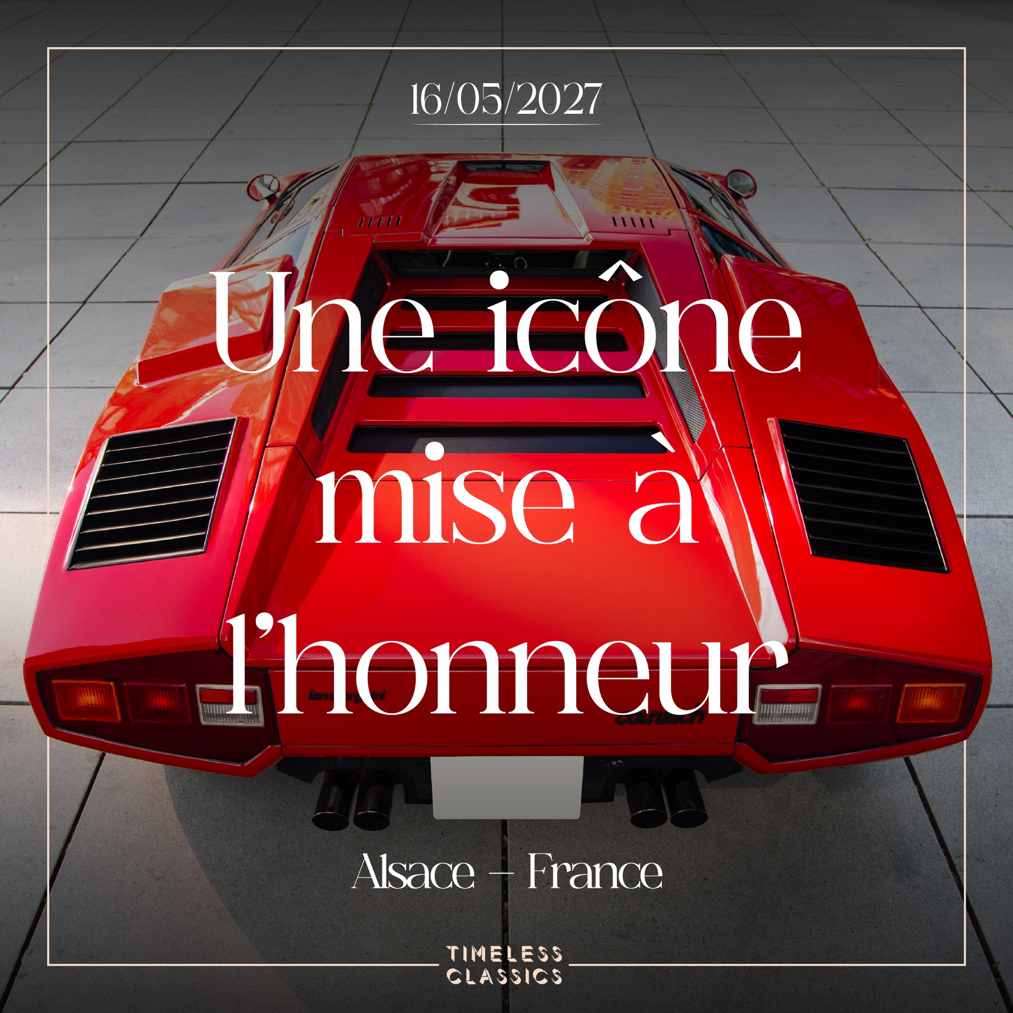 COUNTACH !
Une exclamation de stupéfaction face à quelque chose que l’on croyait impossible.
Le 16 mai 2027, cette exclamation prendra vie.
La Lamborghini Countach sera la voiture mise à l’honneur de Timeless Classics 2027.
Une silhouette qui a bouleversé l’automobile. Une icône qui a habité les murs et les rêves de générations de passionnés. Et, pour cette édition, elle quittera le poster pour rejoindre la route.
L’icône est révélée. Il ne vous reste plus qu’à être au rendez-vous.
Rejoignez un cercle restreint de passionnés et d’automobiles d’exception, réunis le temps d’une journée en Alsace.
Découvrez l’événement et inscrivez votre classique :
https://www.timelessclassics.fr/evenement
Timeless Classics - 16/05/2027
#TimelessClassics #ClassicCars #ConcoursDElegance #AutomobileClassique #VoituresAnciennes #Alsace #ClassicCarEvent #CarCulture
