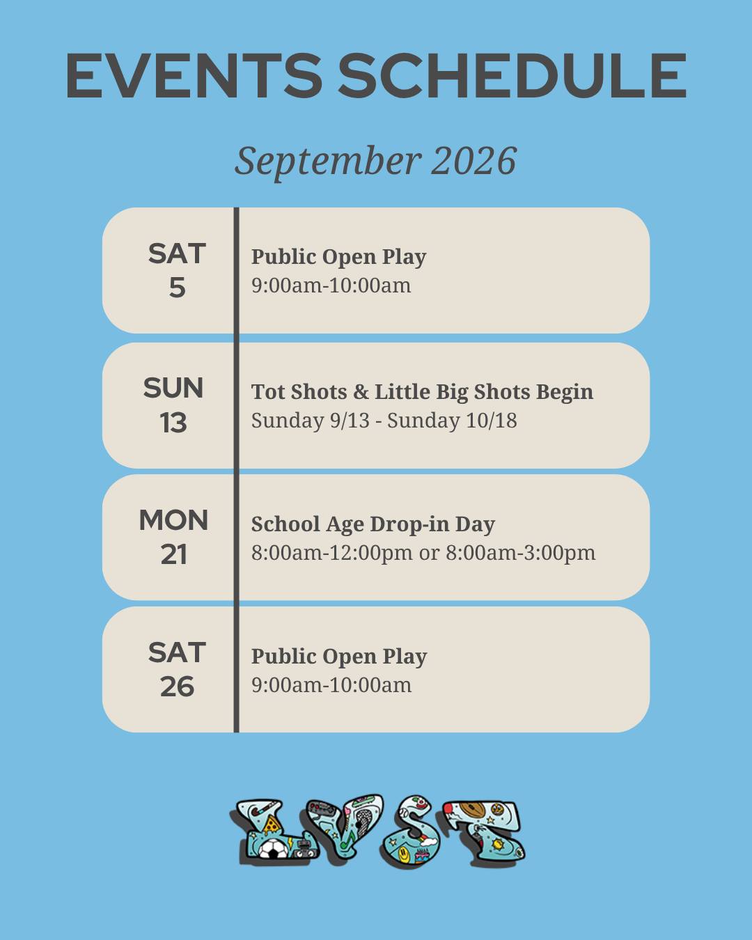 September is packed with fun at Lehigh Valley Sports Turf!
From open plays to soccer, there’s always something happening at LVST! Whether you’re looking to let the kids have some fun, or need care when school is closed, we’ve got something for you!
Check out our website to learn more about our programs!
#LehighValleySportsTurf #LVST #LehighValley #KidsActivities