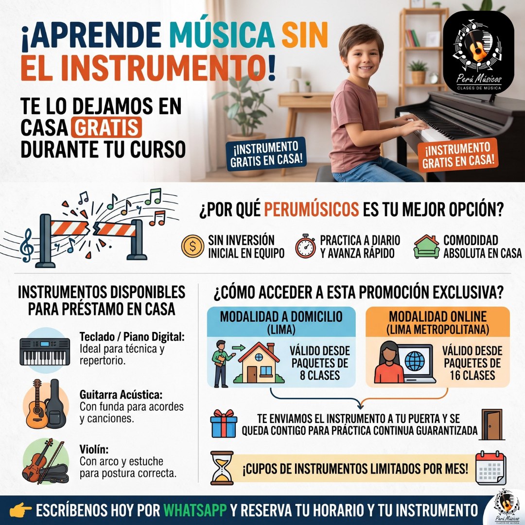 ¿Quieres aprender a tocar música pero no tienes instrumento y te da miedo gastar en vano? 🎹🎸🎻 El mayor freno siempre es el mismo: comprar un instrumento costoso sin saber si realmente te va a apasionar o no tener con qué practicar entre semana. En PeruMúsicos rompemos esa barrera para siempre.
Te llevamos el instrumento directo a tu sala y se queda en tu casa totalmente GRATIS durante todo tu periodo de clases, para que practiques todos los días a tu propio ritmo y sin presiones.
Instrumentos listos para entrega en tu hogar:
🎹 Teclado / Piano digital: Para dominar lectura musical y repertorio moderno o clásico.
🎸 Guitarra (Acústica/Clásica): Con funda incluida para tocar tus canciones favoritas desde la primera semana.
🎻 Violín (con arco y estuche): Calibrado para una postura y afinación perfecta desde el día 1.
¿Cómo asegurar tu instrumento en casa?
🏠 A Domicilio en Lima: Disponible desde paquetes de 8 clases en adelante. El profesor llega a tu hogar y el instrumento se queda contigo.
💻 Modalidad Online (Lima Metropolitana): Disponible desde paquetes de 16 clases. Te enviamos el instrumento a la puerta de tu casa.
🧠 Metodología con PNL: Aplicamos Programación Neurolingüística para acelerar tu memoria muscular y aprender sin frustraciones.
⚠️ IMPORTANTE: Solo contamos con un stock limitado de instrumentos para préstamo por mes y se asignan por orden de reserva.
👉 Toca el botón de abajo, escríbenos al WhatsApp y asegura tu horario con instrumento incluido antes de que se agoten los cupos. 📲
📲 Escríbenos por WhatsApp y solicita tu clase de prueba:
👉 https://wa.me/51922168421
👉 https://wa.me/51984150584
🌐 Web: www.perumusicos.com
#PeruMusicos #ClasesDeMusica #ClasesDePiano #ClasesDeGuitarra #ClasesDeViolin #ClasesADomicilio #MusicaEnLima #AprendeMusica #EducacionMusical #LimaPeru #ClasesOnline #PNL #MusicaYEducacion #MusicaParaNinos #TalentoMusical #CursosDeMusica #InstrumentosMusicales #ClasesParticulares #MusicaLima #AprendeTocar