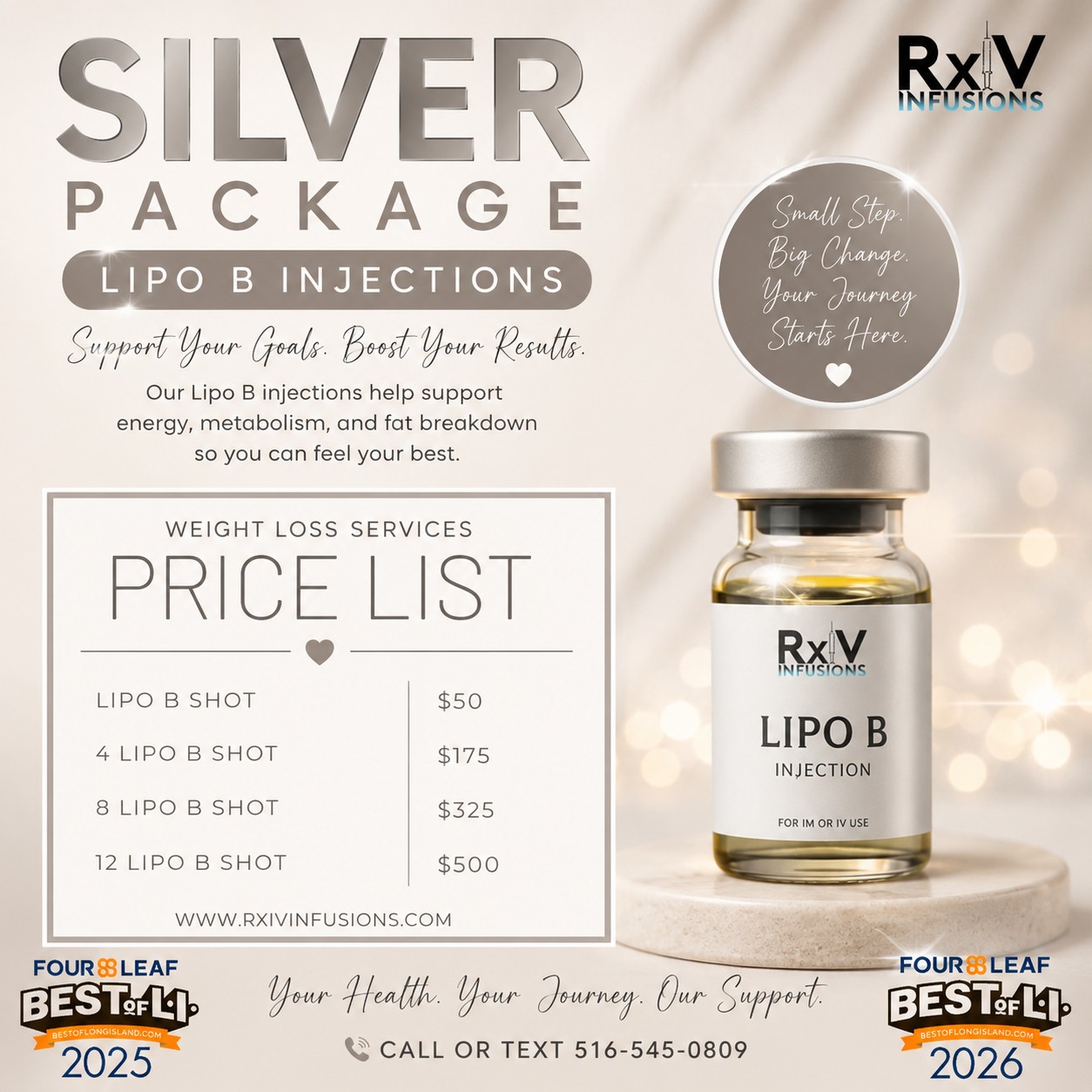 ✨ Meet Our SILVER PACKAGE — Lipo B Injections! ✨
Looking for a simple way to add extra support to your wellness and weight-management routine? 💉 Our Lipo B injections are designed to complement your healthy lifestyle and wellness goals.
🥈 SILVER PACKAGE PRICING
💉 Single Lipo B Shot — $50
💉 4 Shots — $175
💉 8 Shots — $325
💉 12 Shots — $500
The more you bundle, the more you save! 🙌
Ready to add Lipo B to your routine?
📲 Call or text 516-545-0809 to schedule or learn more.
Your Health. Your Journey. Our Support.™
#RxIVInfusions #LipoB #LipoBInjection #WeightManagement #WeightLossSupport #WellnessJourney #LongIslandWellness #LongIslandWeightLoss #VitaminInjections #HealthyLifestyle