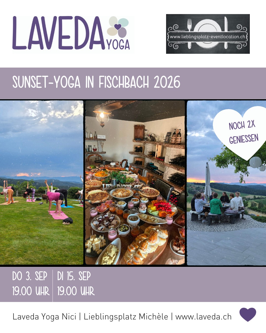 🌅 Yoga. Weite. Genuss. Abende nur für dich.
Manchmal braucht es gar nicht viel, um aus dem Alltag auszusteigen: eine Yogamatte, frische Luft, ein weiter Blick über die Landschaft – und danach Zeit zum Zusammensitzen und Geniessen. 💜
Genau dafür gibt es unser Sunset-Yoga beim Lieblingsplatz in Fischbach. Und dieses Jahr hast du noch 2× die Gelegenheit, dabei zu sein:
🧘♀️ Rund 50 Minuten Yoga in wunderschöner Natur
🌄 Den Sonnenuntergang geniessen
🥗 Anschliessend feines Apéro & gemütliches Zusammensein
💜 Geeignet für alle – auch ohne Yoga-Erfahrung
DO, 3. September | 19.00 Uhr
DI, 15. September | 19.00 Uhr
Vielleicht ist genau jetzt der richtige Moment, dir wieder einmal bewusst Raum für dich zu gönnen.
👉 Infos & Anmeldung: www.laveda.ch
Wir freuen uns auf einen wunderbaren Spätsommerabend mit euch.
Nici & Michèle 💜
#LavedaYoga #SunsetYoga #YogaWillisau #YogaLuzern #Fischbach #YogaInDerNatur #Auszeit #ZeitFürMich #Genussmomente #Achtsamkeit