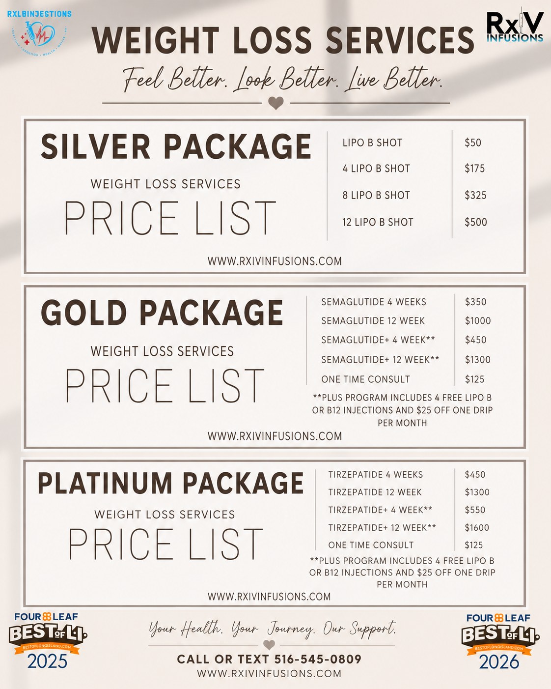 ✨ NEW WEIGHT LOSS PACKAGES ARE HERE AT RxIV INFUSIONS! ✨
We’ve updated our weight loss programs to give you more options, more flexibility, and more support on your journey. 💙
🥈 SILVER — Lipo B Injections
🥇 GOLD — Semaglutide Programs
💎 PLATINUM — Tirzepatide Programs
Want even more? Upgrade to our PLUS Program and receive:
💉 4 FREE Lipo B or B12 injections
💧 $25 OFF one IV drip per month
Whether you’re just getting started or ready to take your progress to the next level, our team is here to help you find the program that works for you.
📲 Call or text 516-545-0809 to get started!
Your Health. Your Journey. Our Support.™
Consultation and medical eligibility required for prescription GLP-1 medications. Individual results vary.
#RxIVInfusions #WeightLossJourney #Semaglutide #Tirzepatide #GLP1 #WeightManagement #LipoB #LongIslandWeightLoss #LongIslandWellness #MedicalWeightLoss #LongIslandNY
