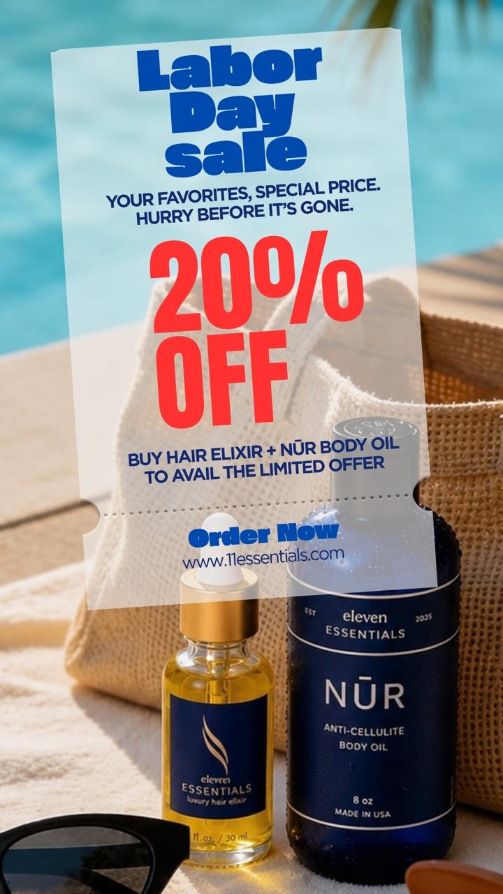 Your Favorites, Special Price
Hair Elixir + NŪR Body Oil — the perfect poolside pair, now 20% off when you buy them together. Hurry, this Labor Day offer won't last.
Order now at www.11essentials.com.
#11_essentials_official #laborday #salealert #hairgoals
