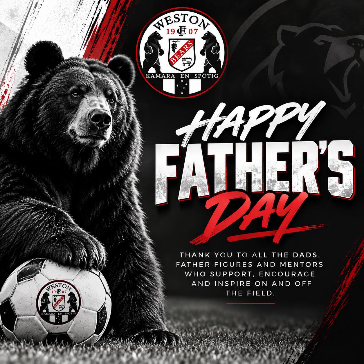 🐻 HAPPY FATHER’S DAY FROM THE BEARS! 🐻
A big Happy Father’s Day to all the dads, grandads, stepdads, father figures and mentors who are part of our Bears family.
Whether you’re coaching, cheering from the sidelines, driving to training, helping behind the scenes or simply being their biggest supporter — thank you for everything you do.
We hope all our Bears dads and father figures enjoy a well-deserved day with their families. 🖤🤍