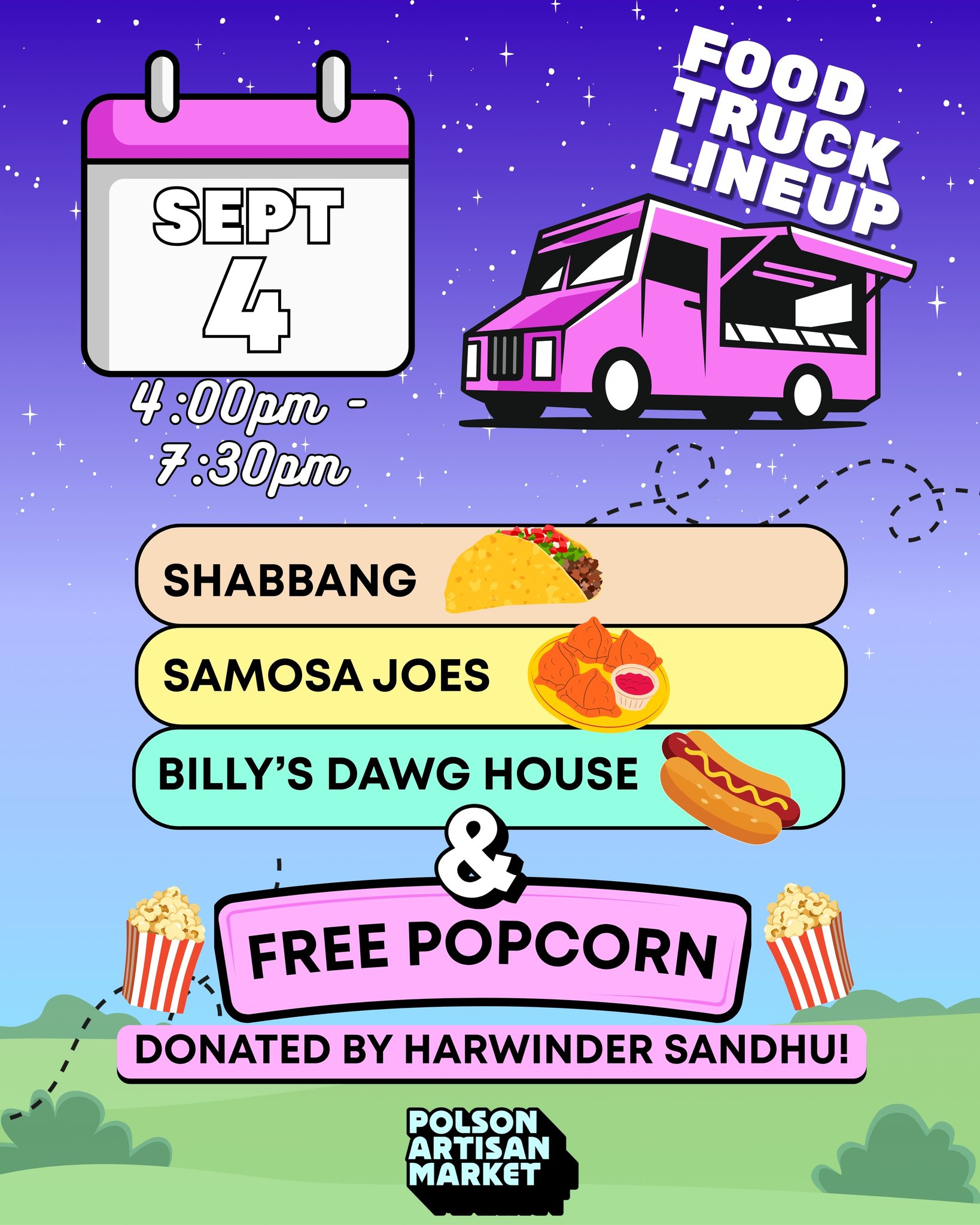The food truck line-up for Movie Night FRI-YAY is here! Not only do we have some great eats lined up for dinner, but MLA Harwinder Sandhu is donated 400 bags of popcorn for everyone! Make sure you snag one while supplies last and make sure you say thanks to our MLA representative!