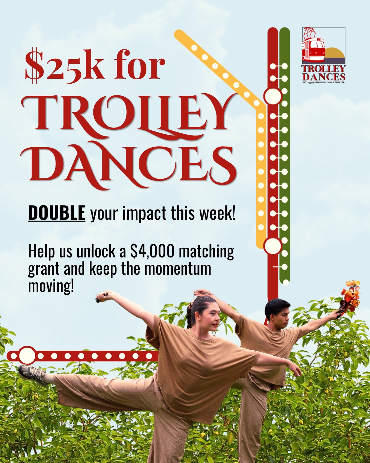 We’re kicking off September with a special opportunity to double your impact for dance. Thanks to a generous challenge match from the SDDT Board of Directors, every dollar you give to Trolley Dances will be matched dollar-for-dollar, up to $4,000!
Your $50 gift becomes $100.
Your $100 gift becomes $200.
Every donation, big or small, helps us pay artists, provide transportation for students, and keep this unique experience accessible to our community.
Help us unlock the full $4,000 match and keep the momentum moving! Together, we can bring the joy, creativity, and connection of the 28th Annual Trolley Dances to even more people throughout San Diego.
Give today and double your impact for dance!
💸Donate at the link in bio or visit sandiegodancetheater.org
#sddt #sandiegodancetheater #trolleydances #trolleydances2026 #sandiegositespecificdance