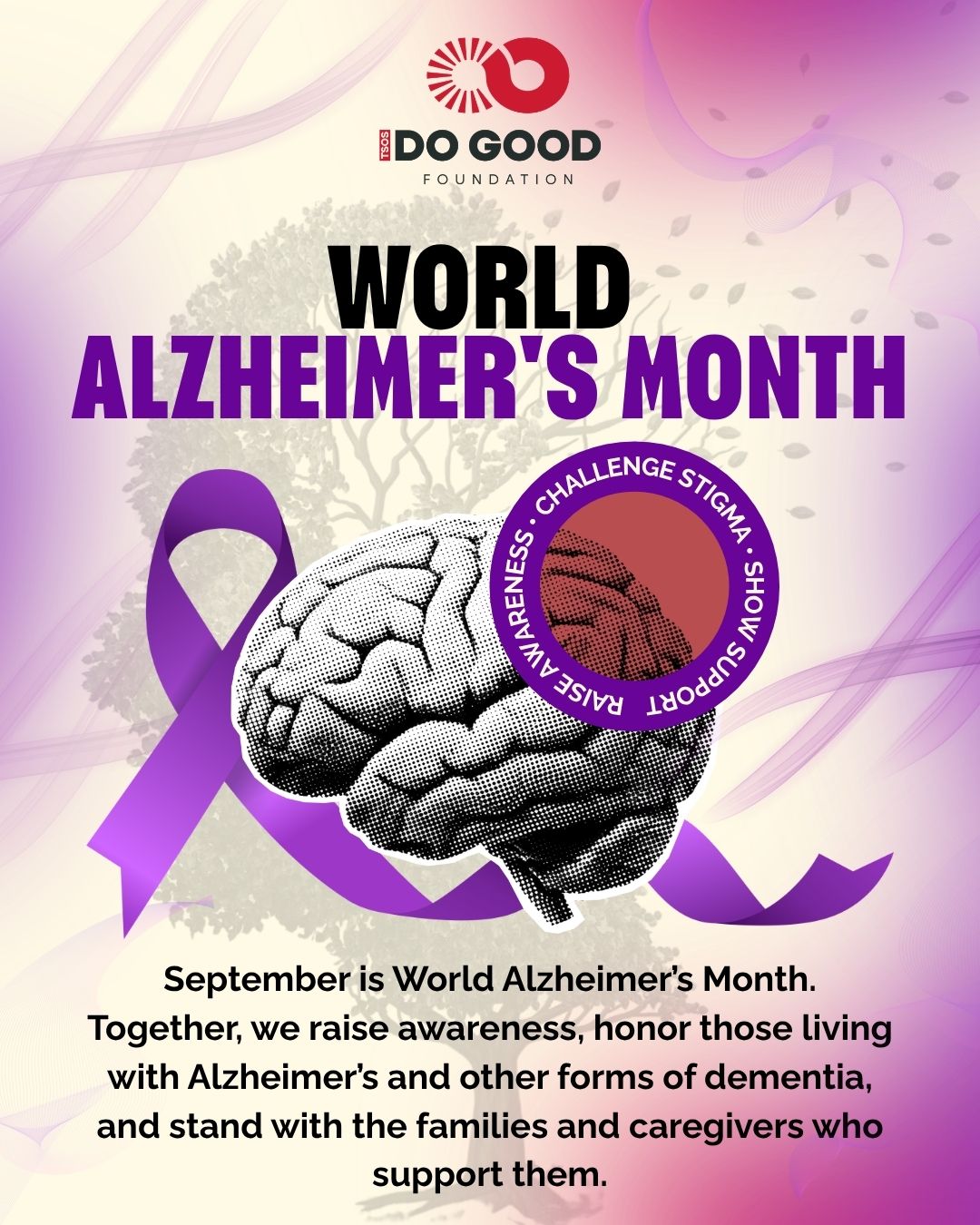 🧠 September marks World Alzheimer’s Month, a time to raise awareness, challenge stigma, and stand with people living with Alzheimer’s disease and other forms of dementia, as well as the families and caregivers who support them. At TSOS “Do Good” Foundation, we believe greater understanding can lead to earlier conversations, stronger support, and more compassionate communities. 💜 Share this post to help keep the conversation going.
#WorldAlzheimersMonth #AlzheimersAwareness #DementiaAwareness #CaregiverSupport #DoGood365 #TSOSDoGood