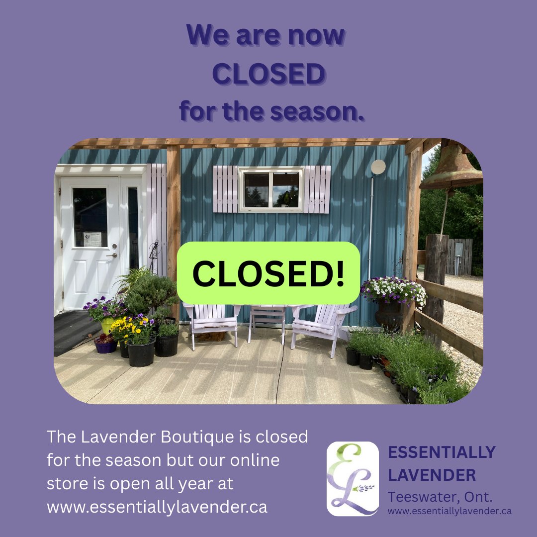 The farm and Lavender Boutique are now closed for the season. The Lavender Boutique is available online all year long for pick up by appointment or for delivery at https://www.essentiallylavender.ca/category/all-products. We thank all those that came out to join us this past season.
#closedfortheseason #lavenderboutique #onlinesales #teeswater #lavenderfarm #wingham #walkerton #kincardine #portelgin