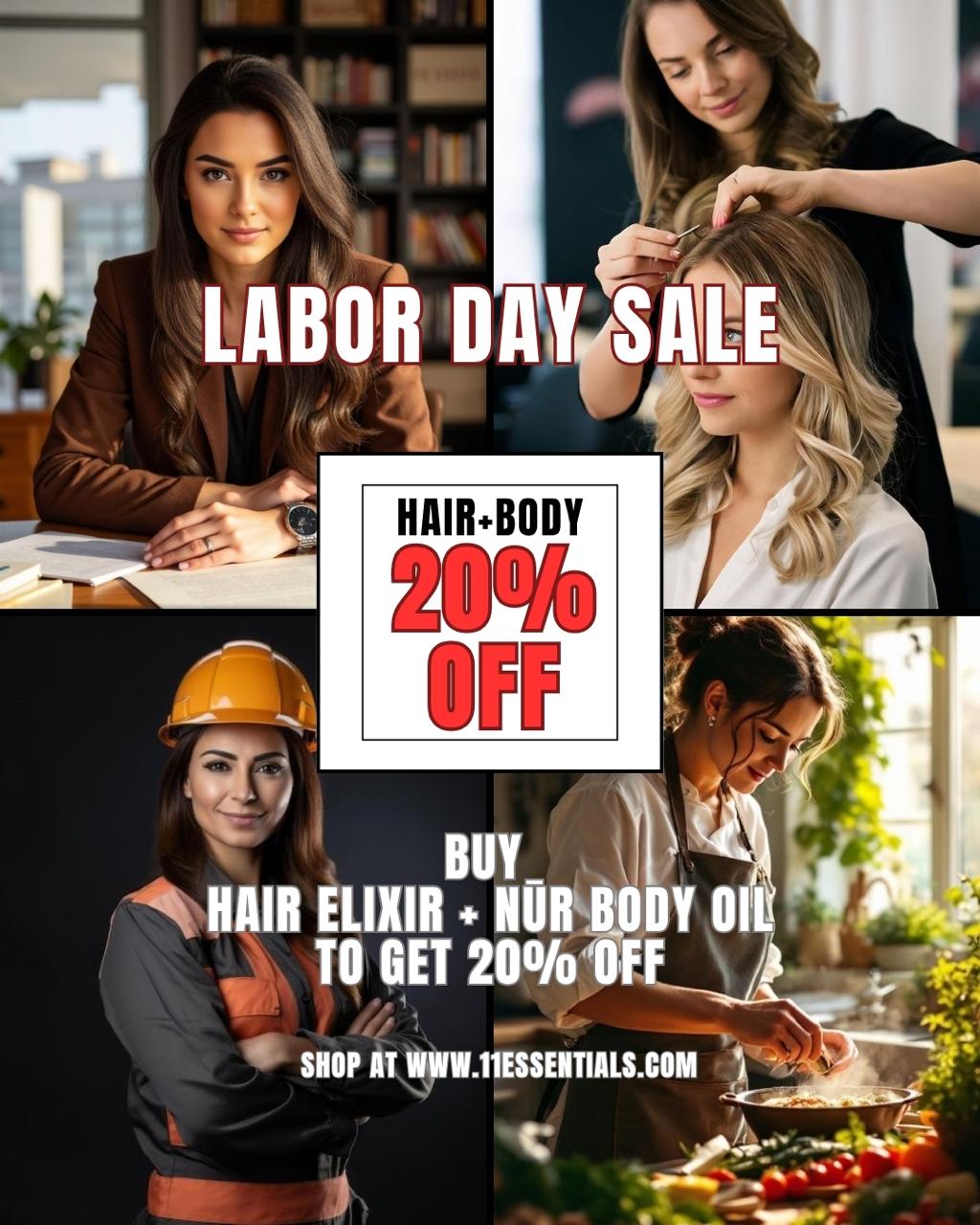 To Every Woman Who Works Hard — This One's For You
The office, the salon chair, the job site, the kitchen — however you spend your day, you've earned a moment for yourself. This Labor Day, get 20% off when you buy the Hair Elixir + NŪR Body Oil together.
However you work, you deserve to be pampered too. Shop now at www.11essentials.com.
#11_essentials_official #labordayweekend #salealert #hairtransformation