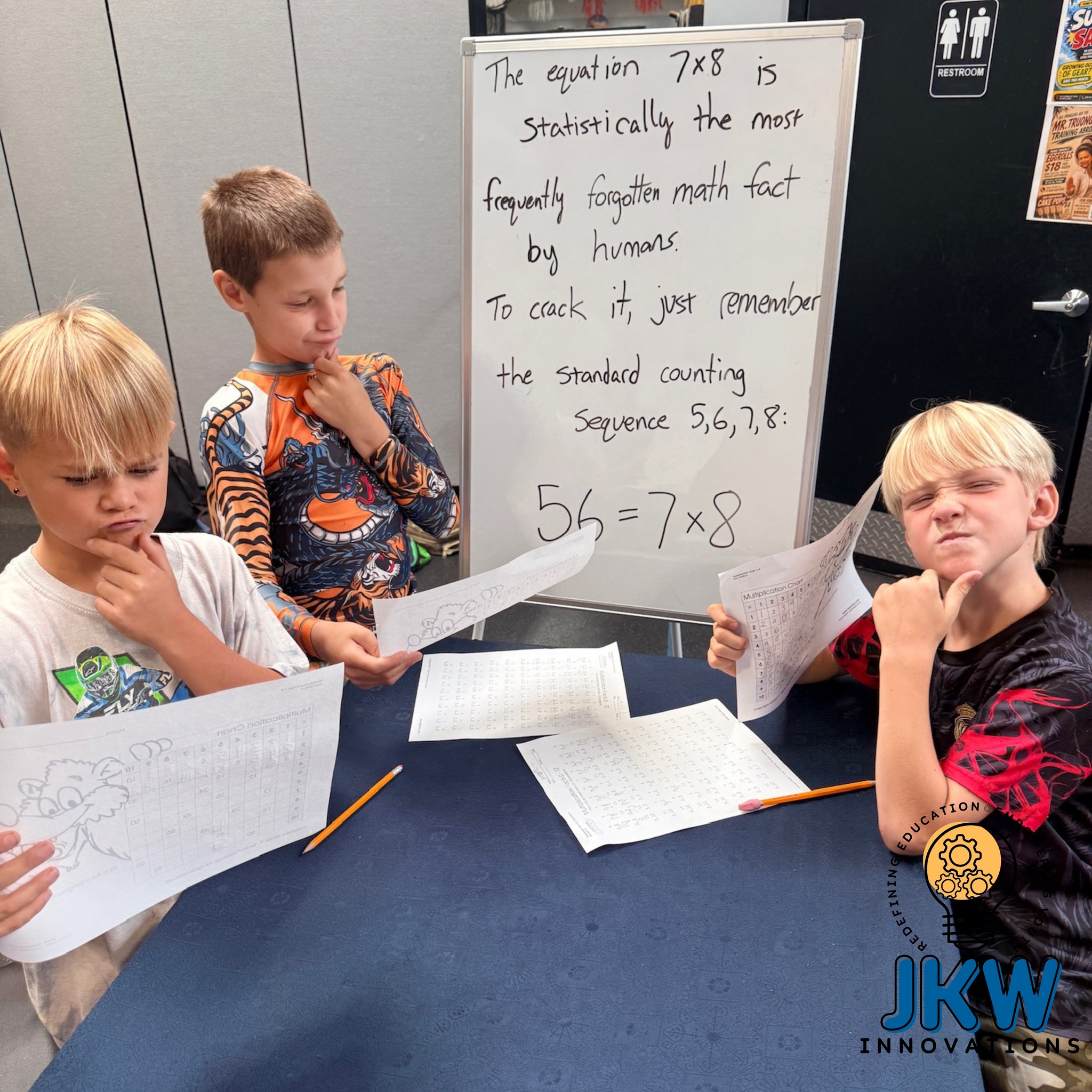 5, 6, 7, 8… 56 = 7 × 8. 🤔
Sometimes one little trick is all it takes to make a stubborn math fact stick.
In our Math Help! & Games class today, students worked on multiplication facts and learned a simple way to remember one that gives a lot of people trouble:
7 × 8 = 56
Because when you say 5, 6, 7, 8, the answer is hiding right there. 🙌
Math help at JKW isn’t just about doing more worksheets. It’s about finding strategies that make concepts easier to understand, remember, and use with confidence.
And judging by these faces, there was some serious mathematical thinking happening. 😂
#JKWInnovations #MathHelp #HomeschoolEnrichment #ElCajonKids #SanDiegoKids