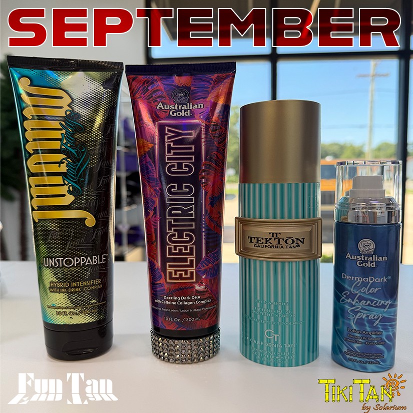 ☀️ KEEP YOUR SUMMER GLOW GOING INTO FALL! 🍂
September’s Lotions of the Month are 30% OFF at all 11 Fun Tan and Tiki Tan by Solarium locations — while supplies last!
❤️ LOVE YOUR HYBRID SESSIONS?
Our Lotions of the Month made to complement your Hybrid routine!
✨ TEKTON HYBRID DUAL PEPTIDE SERUM combines tanning and skincare technology with peptides, hydration and skin-loving ingredients. It can be used before UV, Red Light or Wellness sessions to help you get even more out of your routine.
⚡ELECTRIC CITY is a Hybrid DHA Bronzer — and it’s the DARKEST lotion in Australian Gold’s Premium Collection! Its Dazzling Dark DHA delivers both instant and gradual color for a deep, golden glow, while its skincare blend helps moisturize and smooth your skin.
🔥 JWOWW UNSTOPPABLE - Another Hybrid option, Unstoppable combines peptides and serious hydration with Hemp Seed Oil and tattoo protection to help keep your skin looking and feeling its best.
🍂 SUMMER MAY BE ENDING. YOUR COLOR DOESN’T HAVE TO.
DERMADARK COLOR ENHANCING SPRAY helps gradually build your color and can be used daily for continued color development — even without UV exposure! It’s the perfect addition to help carry that summer color right into fall.
#FunTan #TikiTan #Solarium #LotionOfTheMonth #HybridTanning #RedLight #ElectricCity #DermaDark #AustralianGold #CaliforniaTan #JWOWW #FallGlow