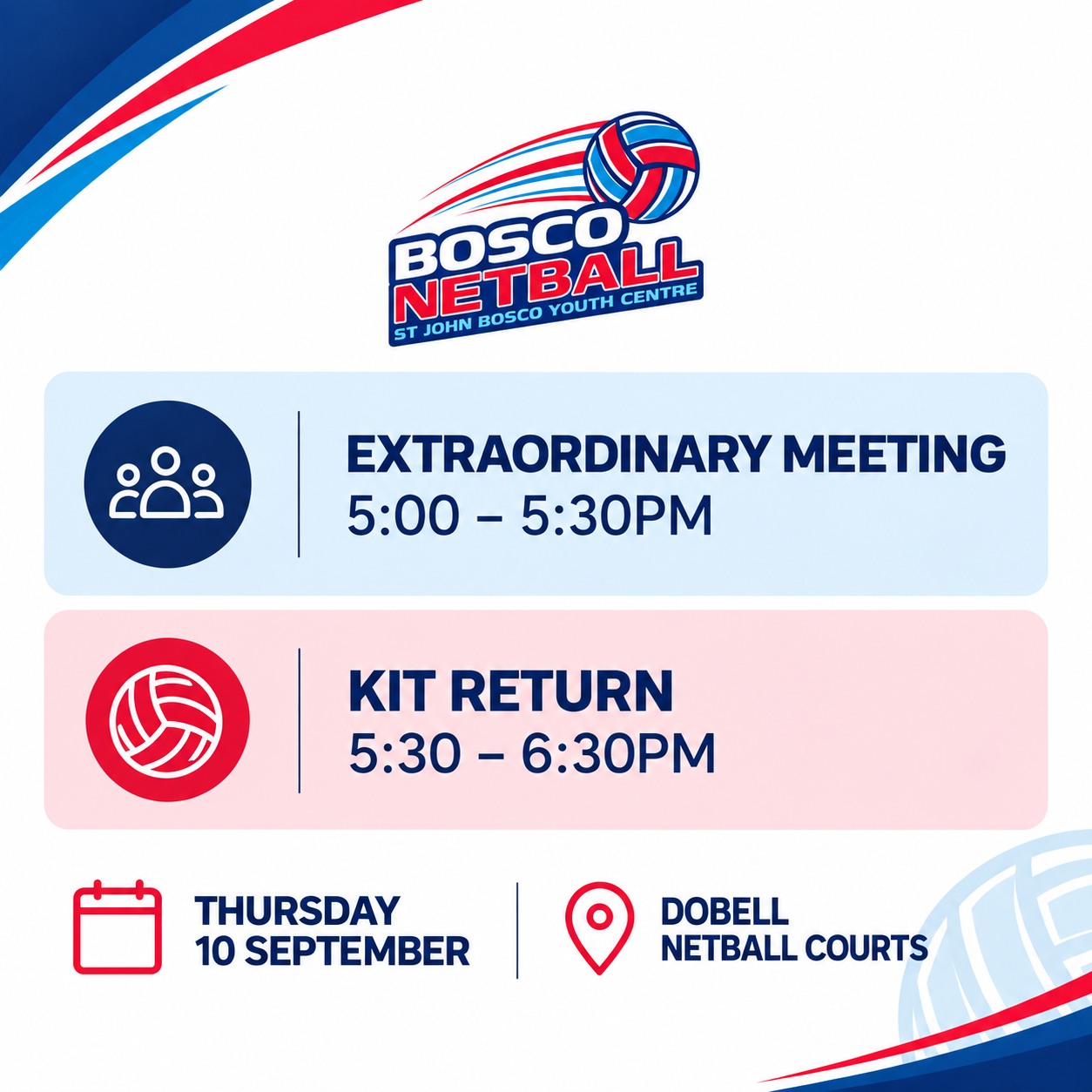 🔔 This Thursday at Dobell Netball Courts 🔔
We’re coming together for an extraordinary meeting to confirm our new committee members - we’d love to see you there!
Thinking about getting involved? Come along, have a chat and see how you can be part of the team.
🏐 PLUS - Coaches, it's finally time to reclaim your boot space! Kit return is from 5:30-6:30pm.