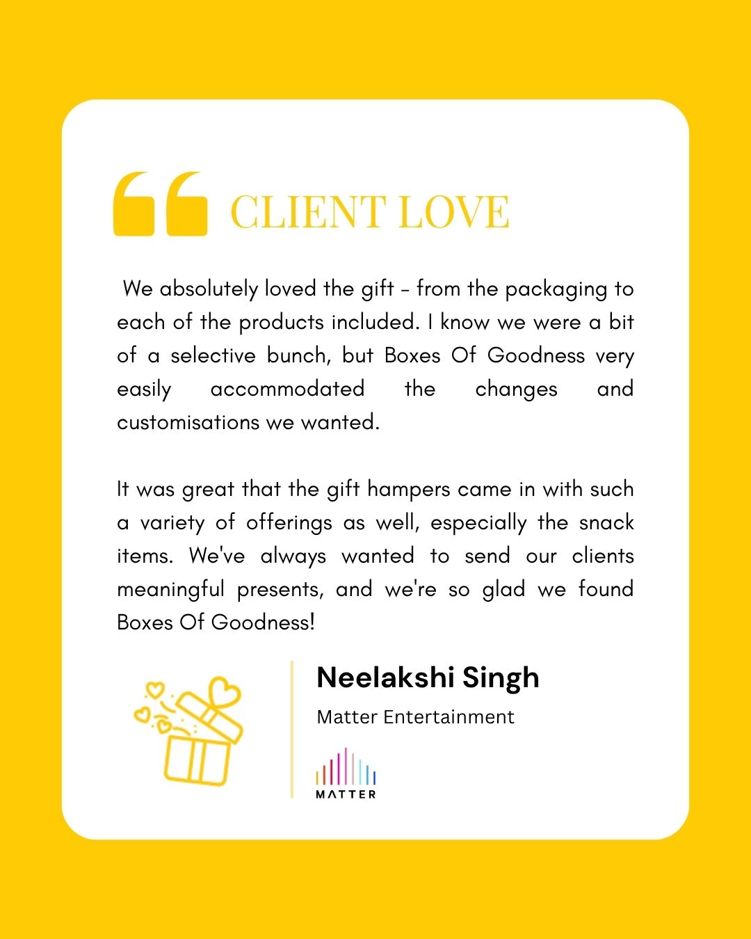 When a gift is thoughtful, personal and beautifully done, it gets remembered. ✨
We’re grateful to Neelakshi Singh and the team at Matter Entertainment for trusting us to create meaningful gifts for their clients with the customisations, variety and little details that made them truly their own.
#CorporateGifting #ClientGifting #CustomGifting #ThoughtfulGifting #LuxuryGifting #ClientLove #MatterEntertainment #BoxesOfGoodness @matterent