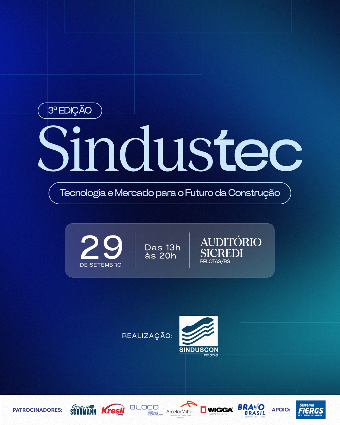 O SINDUSTEC é o principal encontro do setor da construção civil da Zona Sul do Rio Grande do Sul.
Em sua terceira edição, o evento reúne empresários, profissionais, fornecedores e investidores em torno das principais tendências, inovações e desafios que estão moldando o futuro do setor.
7 horas de programação estratégica. Palestras de nível nacional.
Painéis com especialistas.
Networking qualificado com cerca de 350 participantes.
Em breve, mais detalhes da programação.
#SINDUSTEC2026 #SindusconPelotas #InovaçãoNaConstrução #Pelotas