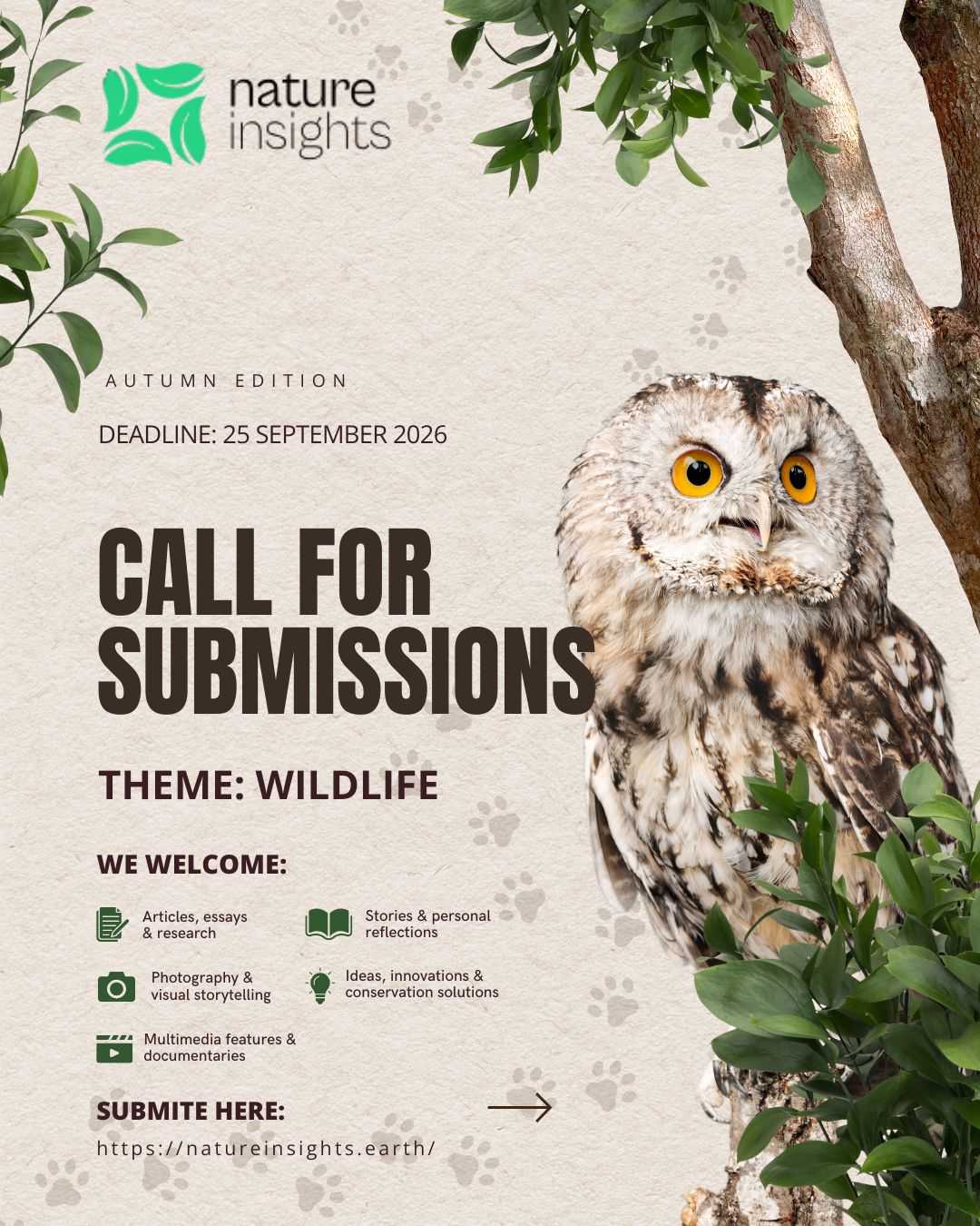 After an incredible year of journeys, stories, discoveries, and conversations across six continents, Nature Insights continues its journey into a new season.
As we embrace this new chapter, each issue of Nature Insights carries the spirit of a season rather than a number. After the rhythm of rain and the world of mangroves, we now turn our eyes to the wild.
🍂 Call for Submissions | Autumn Edition | Theme: Wildlife
Autumn is a season of transition. Across forests, grasslands, wetlands, mountains, and oceans, wildlife responds to changing landscapes, shifting climates, and the rhythms of the natural world.
Wildlife is more than a collection of species. It is the intricate web of life that sustains ecosystems, shapes landscapes, and connects communities with nature. Yet around the world, animals and their habitats face growing pressures from habitat loss, climate change, human-wildlife conflict, pollution, illegal exploitation, and biodiversity decline.
For our Autumn Edition, we invite stories that bring the wild closer—stories that celebrate wildlife, explore its ecological and cultural significance, and examine the challenges and solutions shaping its future.
We welcome:
✍️ Articles, essays & research
📖 Stories & personal reflections
📸 Photography & visual storytelling
💡 Ideas, innovations & conservation solutions
🎥 Multimedia features & documentaries
From endangered species and wildlife conservation to human-wildlife coexistence, migration, rewilding, indigenous knowledge, and the people working to protect nature—we want to hear your stories.
🗓️ Submission Deadline: 25 September 2026
🌐 Submit here: https://www.natureinsights.earth/
Join us in exploring the wild, understanding what is at stake, and imagining a future where wildlife can thrive.
#NatureInsights #AutumnEdition #Wildlife #WildlifeConservation #Biodiversity #Conservation #Nature #NRLG