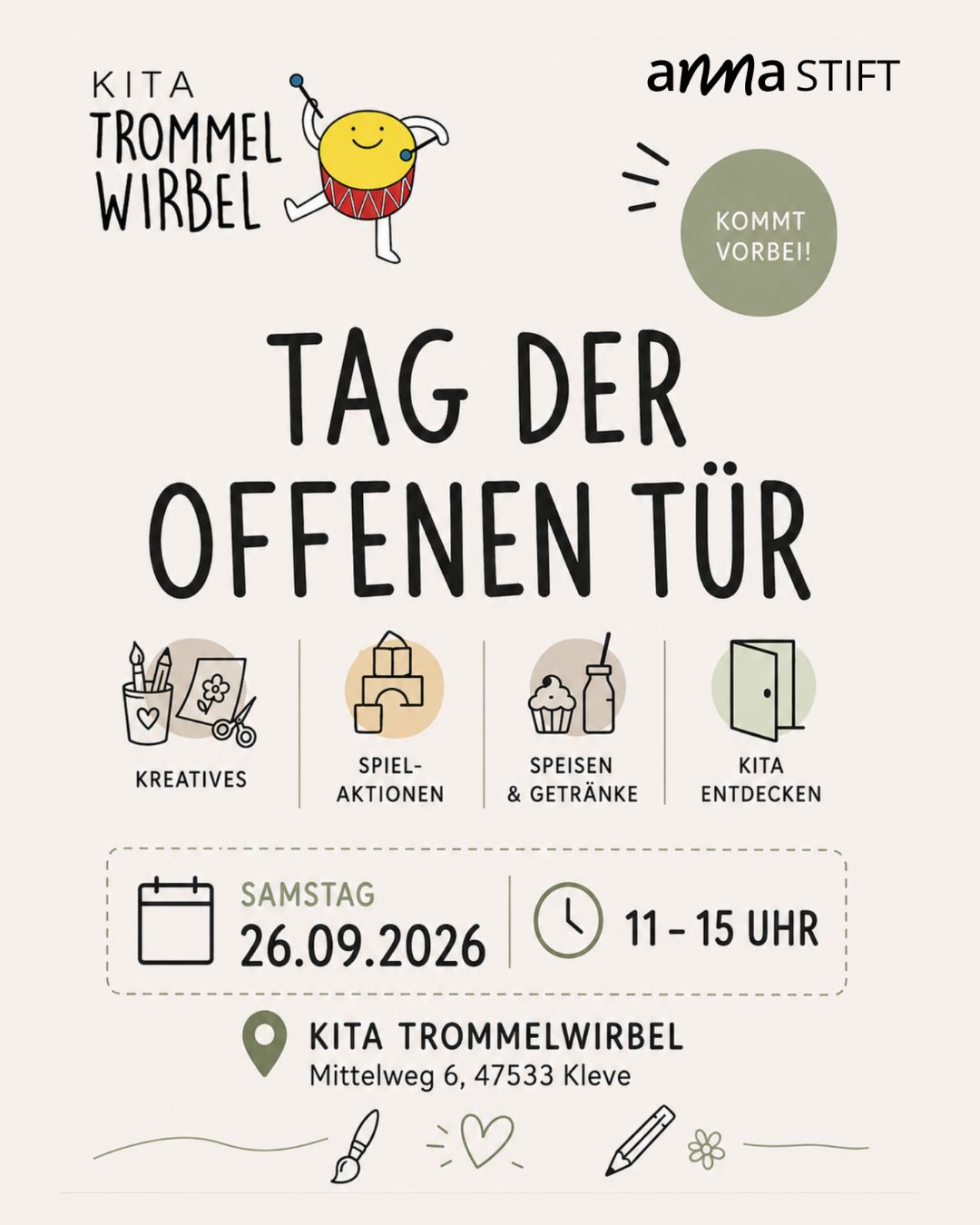 🎉 Tag der offenen Tür in der Kita Trommelwirbel!
Am Samstag, 26. September 2026, öffnen wir von 11 bis 15 Uhr unsere Türen und laden Familien, Kinder und alle Interessierten herzlich ein, unsere Kita Trommelwirbel kennenzulernen.
Euch erwarten:
🎨 Kreative Aktionen
🧩 Spiel & Spaß
🧁 Leckere Speisen & Getränke
🚪 Einblicke in unsere Kita und unseren Alltag
Kommt vorbei, schaut euch um, lernt unser Team kennen und entdeckt, was unsere Kita so besonders macht. Wir freuen uns auf viele kleine und große Besucher*innen! 😊
📅 Samstag, 26.09.2026
🕚 11–15 Uhr
📍 Kita Trommelwirbel, Mittelweg 6, 47533 Kleve
Markiert gerne Familien, für die der Tag der offenen Tür interessant sein könnte! 💚
#KitaTrommelwirbel #TagDerOffenenTür #Kita #Kleve #Jugendhilfe #Familie #Kinder #KitaAlltag #KitaEinblicke #GemeinsamWachsen