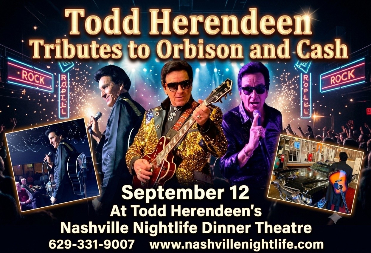 If September 12 wasn't special enough! Now Todd Herendeen and his FTD Band will bring 2 legends to Nashville! Hear the hits of Roy Orbison followed by All your Johnny Cash favorites! And see Johnny's One Piece at a Time Car! Plus a delicious dinner if you choose! You can do show only too. Do not miss this One Night only Incredible show!
#visitnashville #musiccityusa #nashville #musicvalley #visittennessee #toddherendeen
