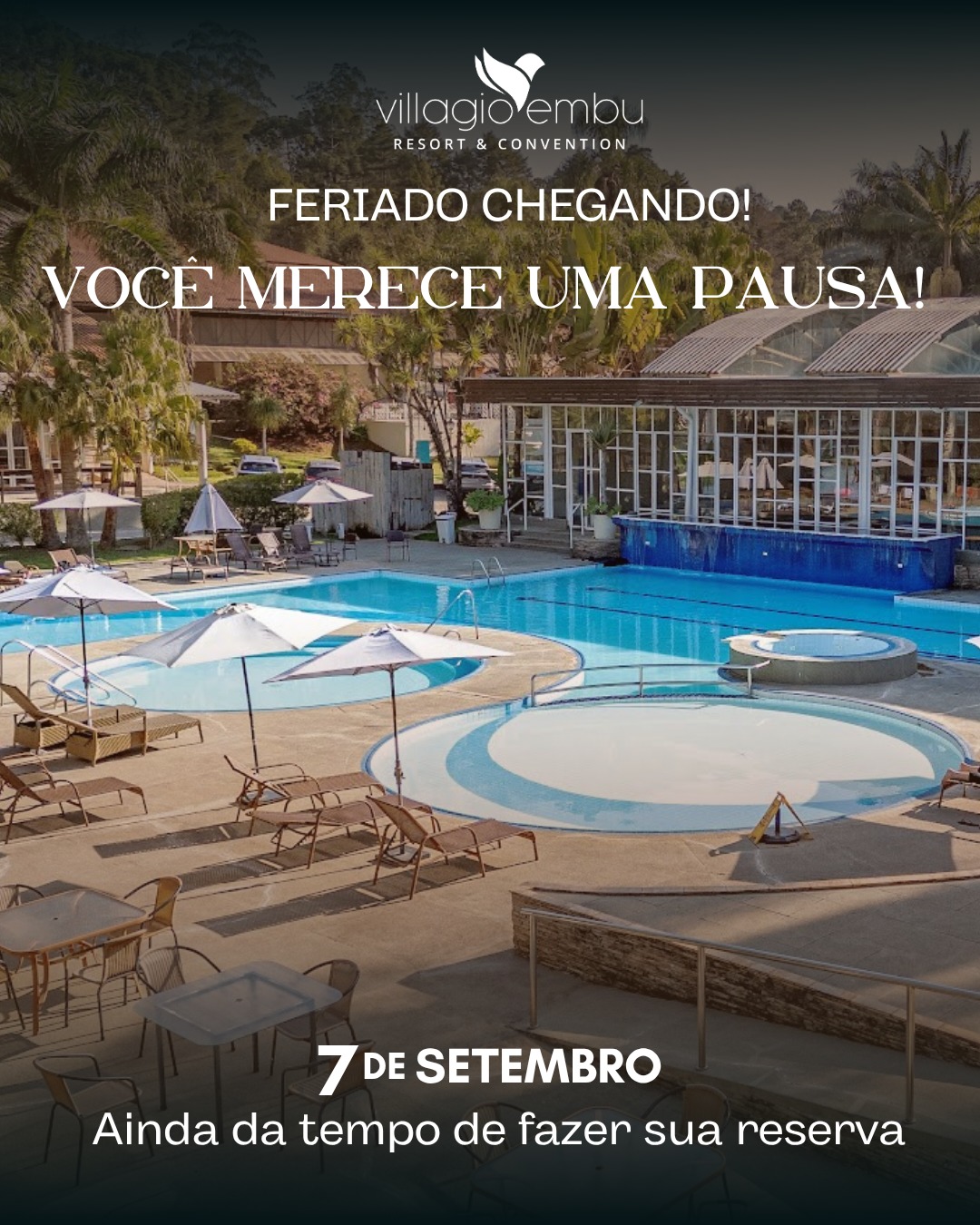O feriado de 7 de setembro está chegando!
E se você ainda não fez sua reserva, ainda dá tempo de transformar o feriado prolongado em dias de descanso, diversão e momentos especiais em família.
No Villagio Embu, você encontra tudo para aproveitar: piscinas, áreas de lazer, natureza, gastronomia e muita tranquilidade — tudo isso pertinho de São Paulo. ☀
📅 7 de setembro está chegando. Não deixe para depois!
Faça sua reserva e venha aproveitar o feriado no Villagio Embu! 🏨✨
#VillagioEmbu #Feriado7DeSetembro #FeriadoProlongado #EmbuDasArtes #HotelEmSP #HotelPertoDeSP #FimDeSemana #ViagemEmFamilia #Lazer #Descanso