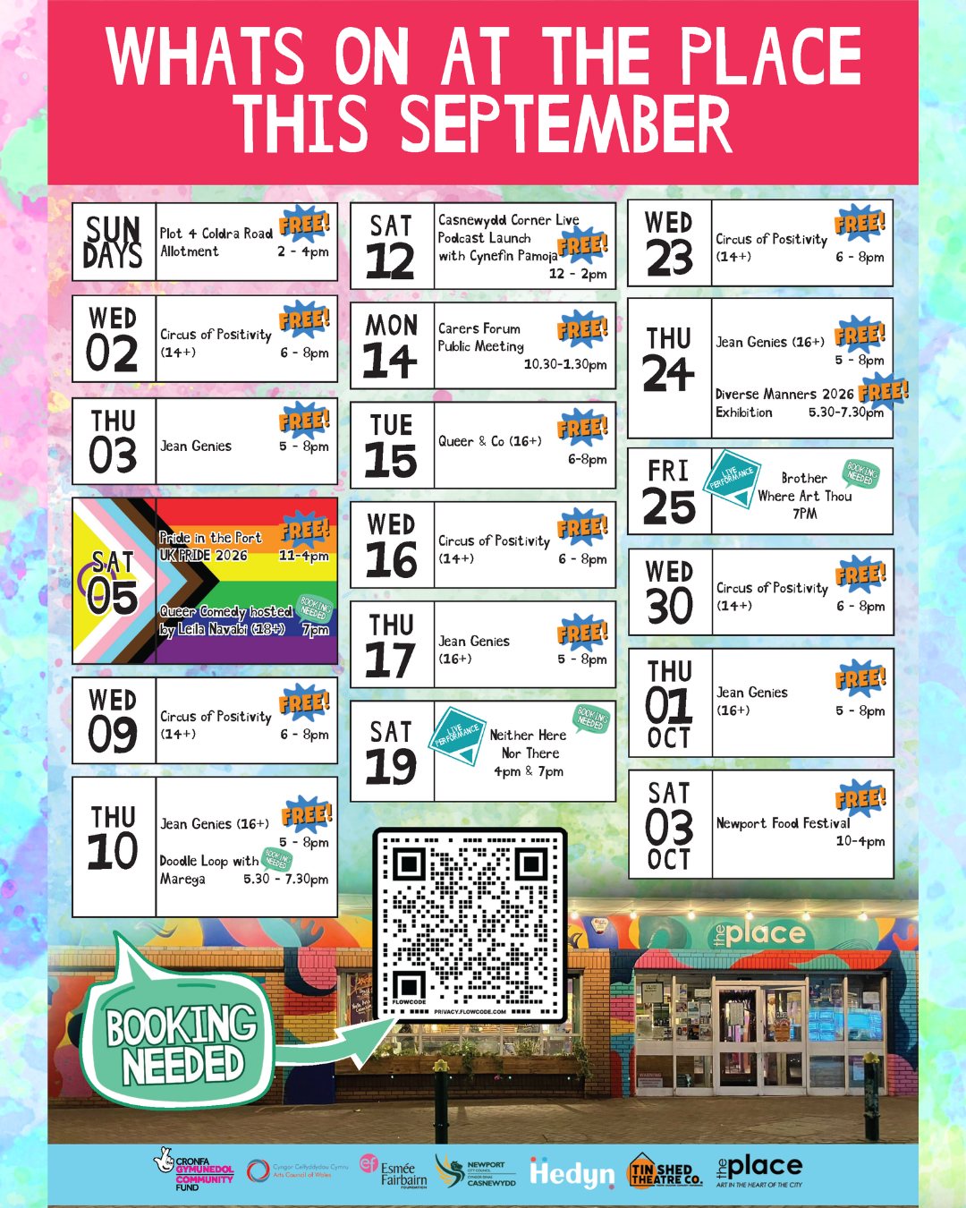 🌈 WHAT’S ON AT THE PLACE THIS SEPTEMBER 🌈
September may look a little different at The Place, but our doors are open and there are still plenty of ways to get involved, connect and create with us.
This month includes:
✨ Pride in the Port and Queer Comedy
🎪 Circus of Positivity
🧵 Jean Genies
🏳️🌈 Queer & Co
🎙️ The Casnewydd Corner Live Podcast Launch
🤝 Carers Forum Public Meeting
🎭 Live performances from Neither Here Nor There and Brother Where Art Thou
🎨 Doodle Loop with MÀreġa
🖼️ The Diverse Manners 2026 exhibition
🌱 Plot 4 at Coldra Road Allotment
Many activities are completely FREE, while some performances and workshops require advance booking—check the programme carefully and scan the QR code for more information.
You may notice that some of our regular activities are missing. Image 2 explains why September looks different.
Independent venues and third spaces like The Place need people to use them. You can help by showing up, signing up, buying a ticket or a cake, trying something new, volunteering, sharing this post and telling people about what we do.
The Place is open. Come and be part of it. 💛