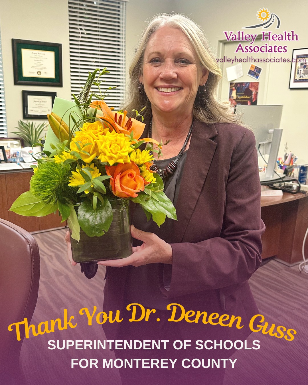 A huge thank you to Dr. Deneen Guss, Superintendent of Schools for Monterey County, for her support of VHA. She delivered a beautiful speech at our Sponsors & Friends Appreciation Dinner on August 8th.
#ValleyHealthAssociates #VHA #MontereyCounty #Thankyou #NonProfit
