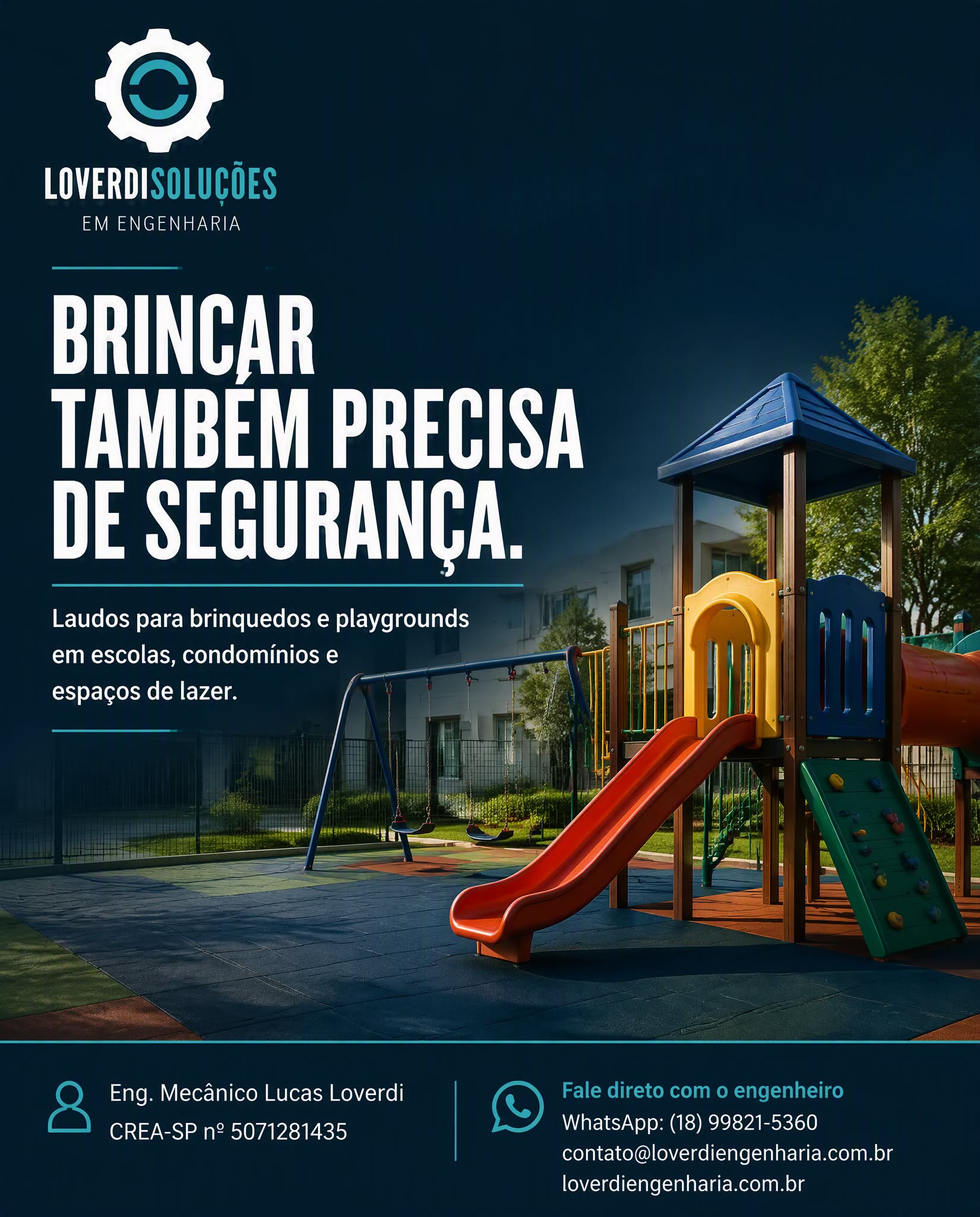 Brinquedos e playgrounds são utilizados diariamente por crianças e precisam receber atenção técnica.
Desgastes, folgas, corrosão, fixações inadequadas e componentes danificados podem representar riscos que nem sempre são percebidos em uma avaliação visual simples.
A inspeção e o laudo técnico ajudam escolas, condomínios e espaços de lazer a identificar problemas e planejar as correções necessárias.
📲 Solicite uma avaliação: (18) 99821-5360
#PlaygroundSeguro #LaudoDePlayground #SegurançaInfantil #Condomínio #Escola #InspeçãoTécnica