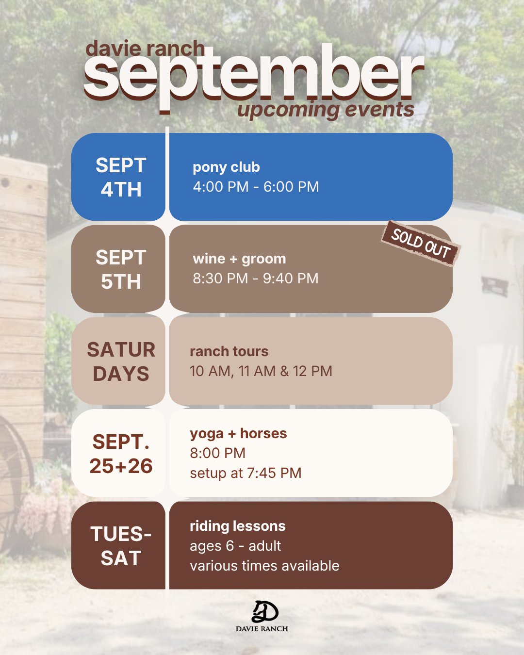 September at Davie Ranch is packed with new experiences, returning favorites and plenty of time with the horses!
Hereโs whatโs happening this month:
๐ Pony Club begins September 4
Our new six-week program for children ages 4โ8 meets Fridays from 4:00โ6:00 PM.
๐ท Wine + Groom โ September 5
Officially SOLD OUT! We canโt wait to welcome everyone joining us.
Our next Wine + Groom event will take place October 3rd.
๐ฟ Interactive Ranch Tours โ Saturdays
Choose from 10:00 AM, 11:00 AM or 12:00 PM and meet some of your favorite Davie Ranch animals.
๐ Yoga + Horses โ September 25 & 26
Unwind with a peaceful evening of yoga by the lake, surrounded by horses and nature.
๐ Horseback Riding Lessons โ Tuesday through Saturday
Available for riders ages 6 through adult, with various lesson times offered.
Save this post so you can easily find everything happening at the ranchโand send it to someone youโd love to bring along!
Visit the link in our bio to learn more and reserve your spot.
#davie
Family-friendly ranch in Davie, Florida offering outdoor activities, animal experiences, and unforgettable memories for all ages.