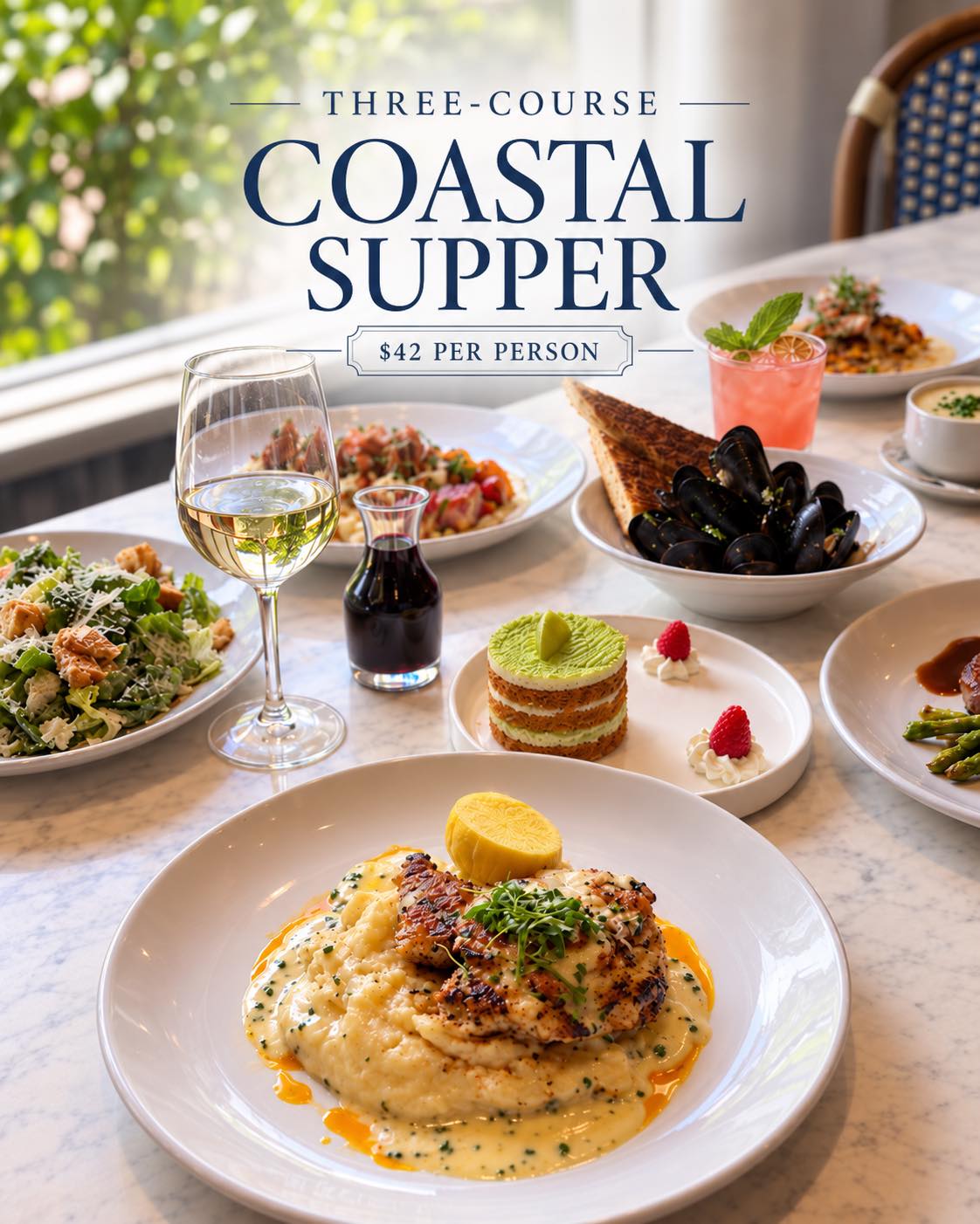 Three courses, one coastal night out. 🌊✨
Enjoy Izzy’s Three-Course Coastal Supper for $42 per person, featuring an appetizer, entrée, and dessert made for slow evenings and great company.
Available Sunday–Thursday, 4–9 PM. 🥂
