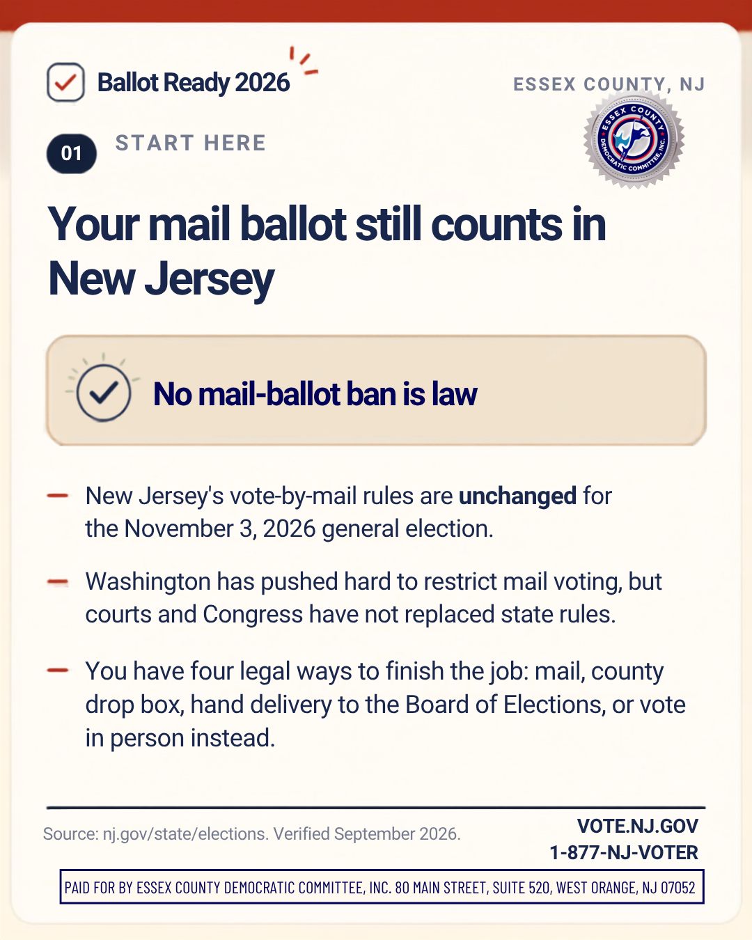 Mail-in ballots are on the way!
Beginning September 19, New Jersey counties will begin mailing General Election mail-in ballots to voters registered to receive them.
If you're expecting a ballot, keep an eye on your mailbox and review your ballot carefully when it arrives.
If you haven't requested your ballot. Visit: https://voter.svrs.nj.gov/mib-request to apply for your mail-in ballot.
We can't be deterred from voting on November 3rd. Keep up with the law; stay informed!
#mailinballots #VoteByMail #essexcountynj #mailinballot #YourVoiceYourPower