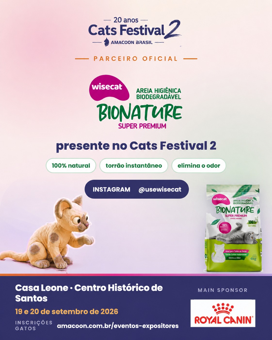 *Nosso agradecimento à Wisecat, parceira oficial do Cats Festival 2.*
A rotina de higiene é parte essencial do bem-estar dos gatos, e contar com uma marca que alia praticidade, cuidado e atenção ao impacto ambiental tem grande importância para o nosso evento.
A *BioNature Super Premium - Wisecat* chega ao Cats Festival 2 com sua proposta de areia higiênica biodegradável, 100% natural, com torrão instantâneo e controle de odor.
Agradecemos à @usewisecat pela parceria, pela confiança na AMACOON Brasil e por fazer parte desta edição especial em que celebramos nossos **20 anos**.
**19 e 20 de setembro de 2026**
Casa Leone — Centro Histórico de Santos
**Wisecat BioNature presente no Cats Festival 2.**
Quem ainda não inscreveu seu gato, CORRE LÁ!
Leia o convite técnico e como inscrever seu gato em:
http://www.amacoon.com.br/eventos-expositores
Estamos com SAUDADES de TODOS vocês!
#gato #amordequatropatas #catlover #gatosexoticos
#CatsFestival2 #Amacoon20Anos #ExposiçãoDeGatos #FIFe #Santos #gatosengraçados #gatosfofos #gatosdobrasil #royalcanin #royalcaninbrasil #expogatospraia #catsfestival #amacoon_brasil #amacoon #gatosdeinstagram #catracalivre #baixadasantista #cidadedesantos #animaisdeestimação