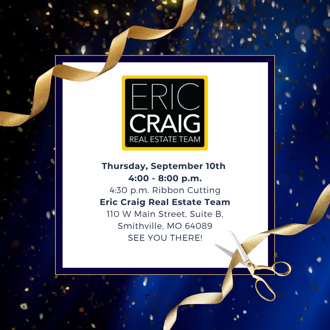 ✂️ Join us this Thursday as we celebrate the grand opening of the Eric Craig Real Estate Team’s new ReeceNichols office in Downtown Smithville!
Please note the updated schedule: The celebration will take place from 4:00–8:00 p.m., with the official ribbon cutting at 4:30 p.m. Enjoy food and drinks, explore the new space, and help us congratulate the team on this exciting new chapter!
📅 Thursday, September 10
⏰ Event: 4:00–8:00 p.m.
🎀 Ribbon Cutting: 4:30 p.m.
📍 110 W. Main Street, Suite B, Smithville