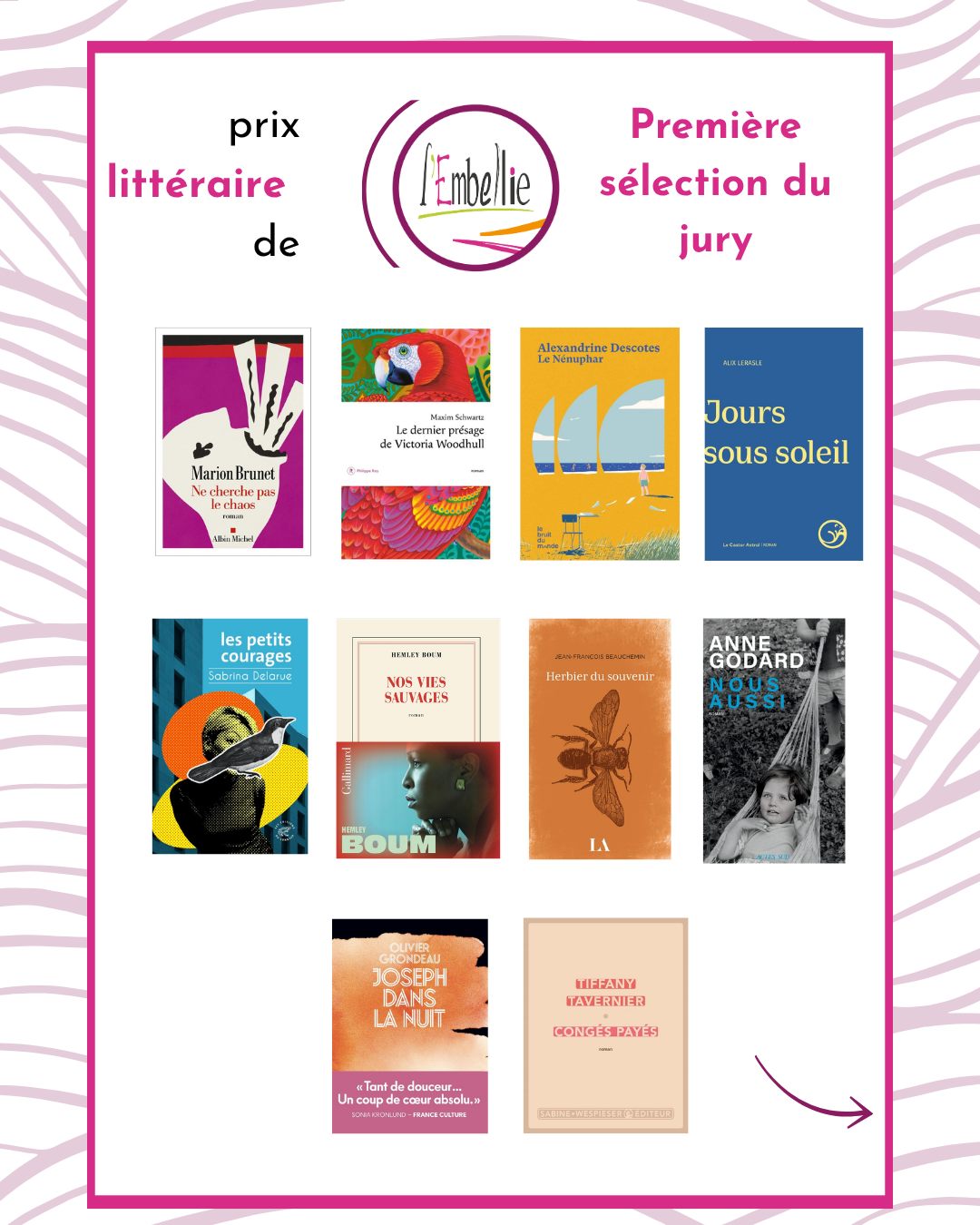 🏆Prix littéraire de l'Embellie - Première sélection du jury
Un jury composé de 7 personnes a choisi début juillet 10 titres de la rentrée littéraire sur résumés et premières pages.
Les membres du jury ont lu cet été les 10 romans sélectionnés et vont prochainement sélectionner leurs 5 favoris.
Cette ultime sélection sera dévoilée lors de la présentation de la rentrée littéraire le 4 octobre. Vous pourrez ensuite tous voter, le lauréat sera annoncé en mars 2027.
Si vous souhaitez intégrer le jury de l’année prochaine, n’hésitez pas à nous contacter par mail : contact@embellie.org
Petit oubli, merci à : Marion Brunet et @editionsalbinmichel, @maxim.fr et @editions_philippe_rey, @alexandrinedescotes et @le_bruit_du_monde, @alix_lerasle et @lecastorastral, @sabrina_delarue_petitscourages et @editionsdusonneur, @boumhemley et @editions_gallimard, Jean François Beauchemin et @quebecamerique, @anne.godart et @actessud, Olivier Grondeau et @ed_iconoclaste, @tiffanytavernierautrice et @sabinewespieserediteur