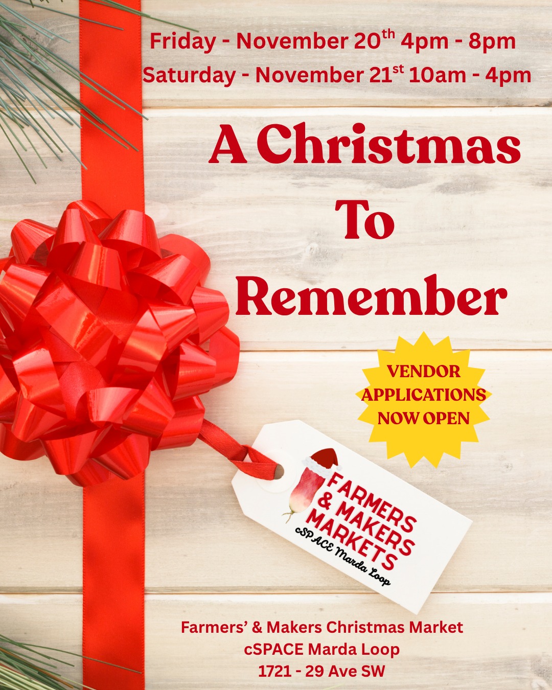 🎄 Applications are officially OPEN for our Christmas Market! 🎄
Join us as a vendor at the Farmers' & Makers Christmas Market at cSPACE Marda Loop on November 20 & 21. We are looking for local makers, artisans, and food producers to bring the holiday magic to our vibrant community event.
Event Details:
📅 Dates: November 20 & 21
📍 Location: Farmers' & Makers Market at cSPACE Marda Loop
📝 Apply now: link in bio
https://www.farmersmakersmarket.ca/online-application
Spots fill up quickly—apply today to secure your space!
#farmersmakersmarket @cspace.mardaloop