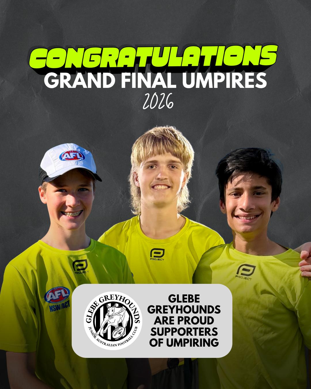 🏆 Grand final day tomorrow
All the best to our 4x Greyhounds teams playing tomorrow. We look forward to all our black and white families supporting you across Greenway, Olds and Weldon.
In addition, 2x Glebe players (Eli and Jaiyden) have earned field umpire appointments, along with former player (and Glebe umpiring ambassador) Duncan.
Congrats and well done on your great seasons. 💚